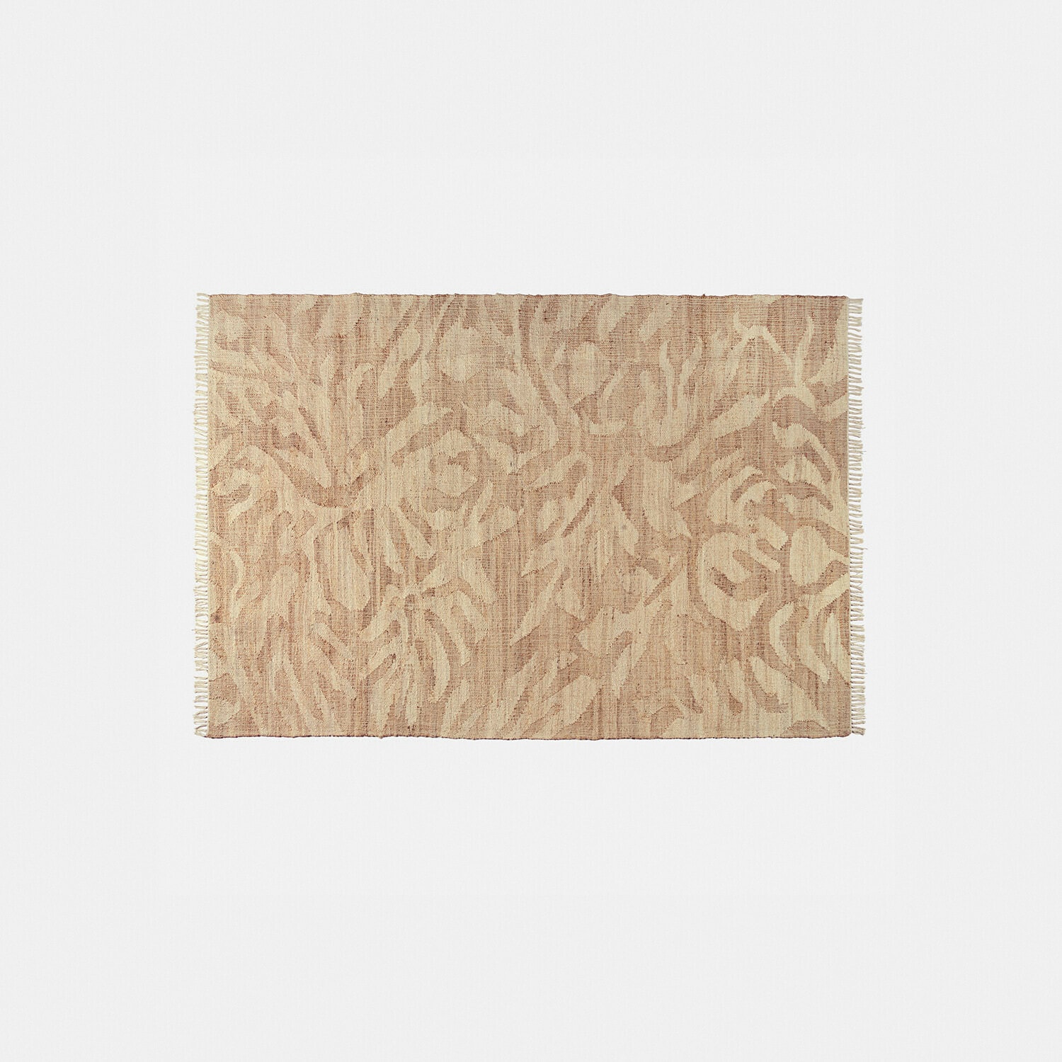 Alfombra Marsetta Alfombra beige de material natural con diseño abstracto y flecos en los bordes, decoración para suelo