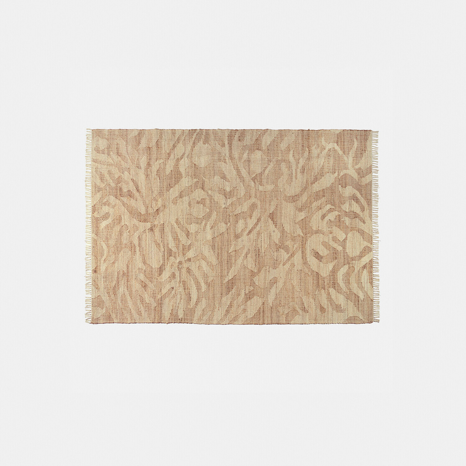 Alfombra Marsetta Alfombra beige de material natural con diseño abstracto y flecos en los bordes, decoración para suelo