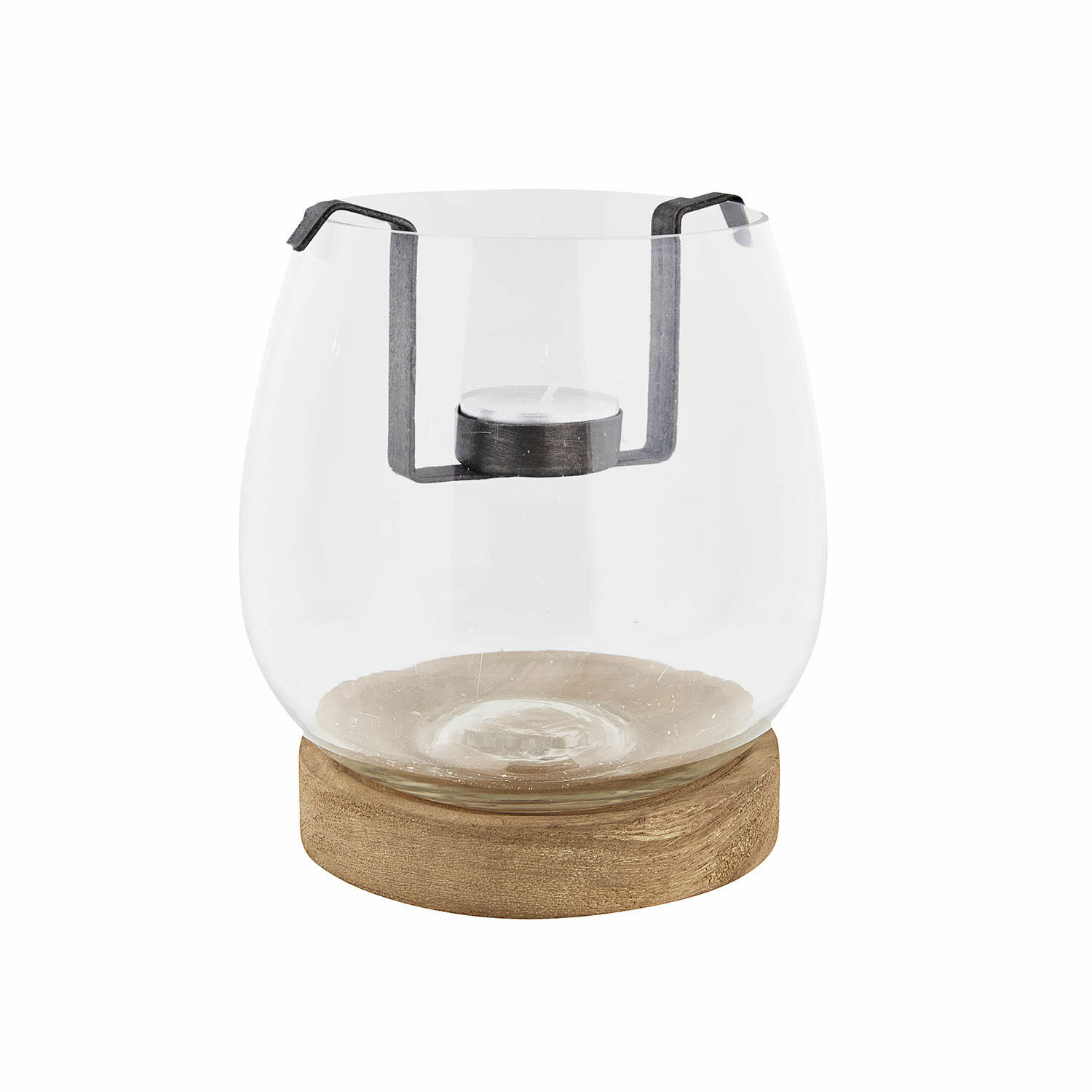 Portavelas de vidrio con soporte metálico y base de madera para decoración interior