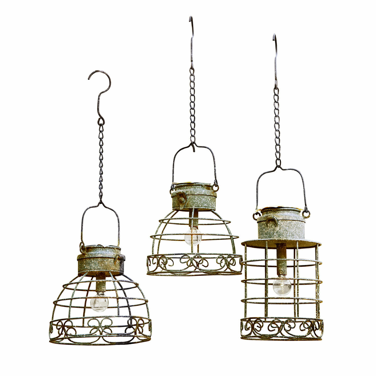 Set de 3 farolillos solares Yirevol Conjunto de tres lámparas colgantes de metal en estilo vintage verde grisáceo, iluminación decorativa para interiores