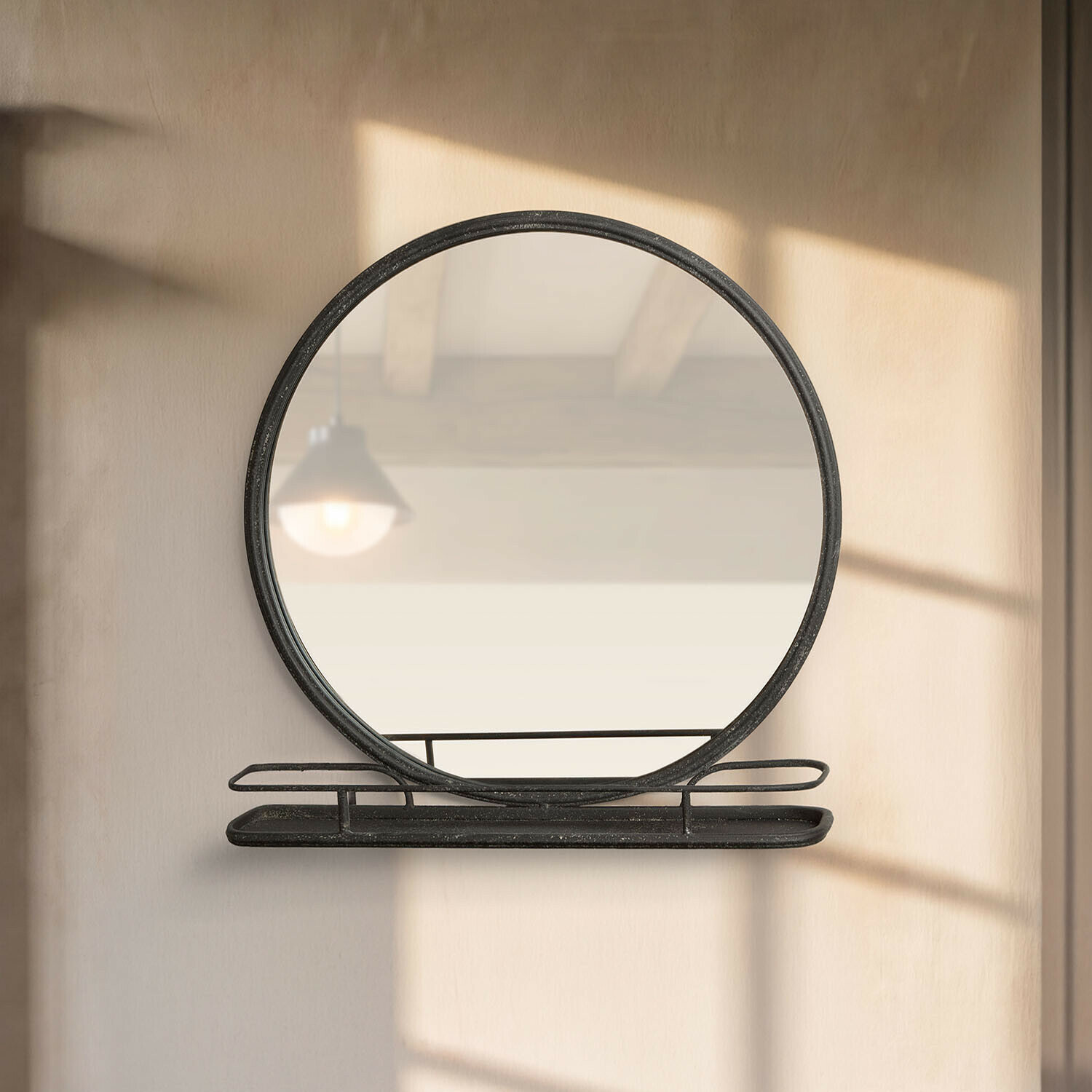 Espejo Zentros Espejo redondo de metal negro con estante de pared, elemento decorativo moderno para interiores