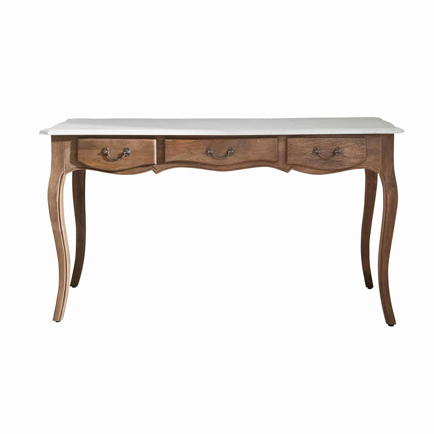 Escritorio Whittlesey Escritorio clásico con base de madera y tapa de mármol blanco, mueble elegante para salón