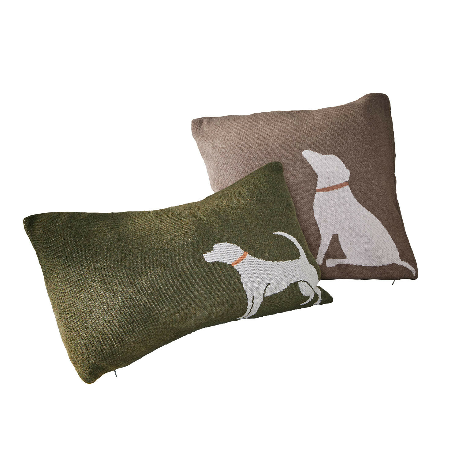 Set de 2 fundas de cojín Olyden Conjunto de dos cojines decorativos con diseño de perro blanco sobre tela verde y marrón.