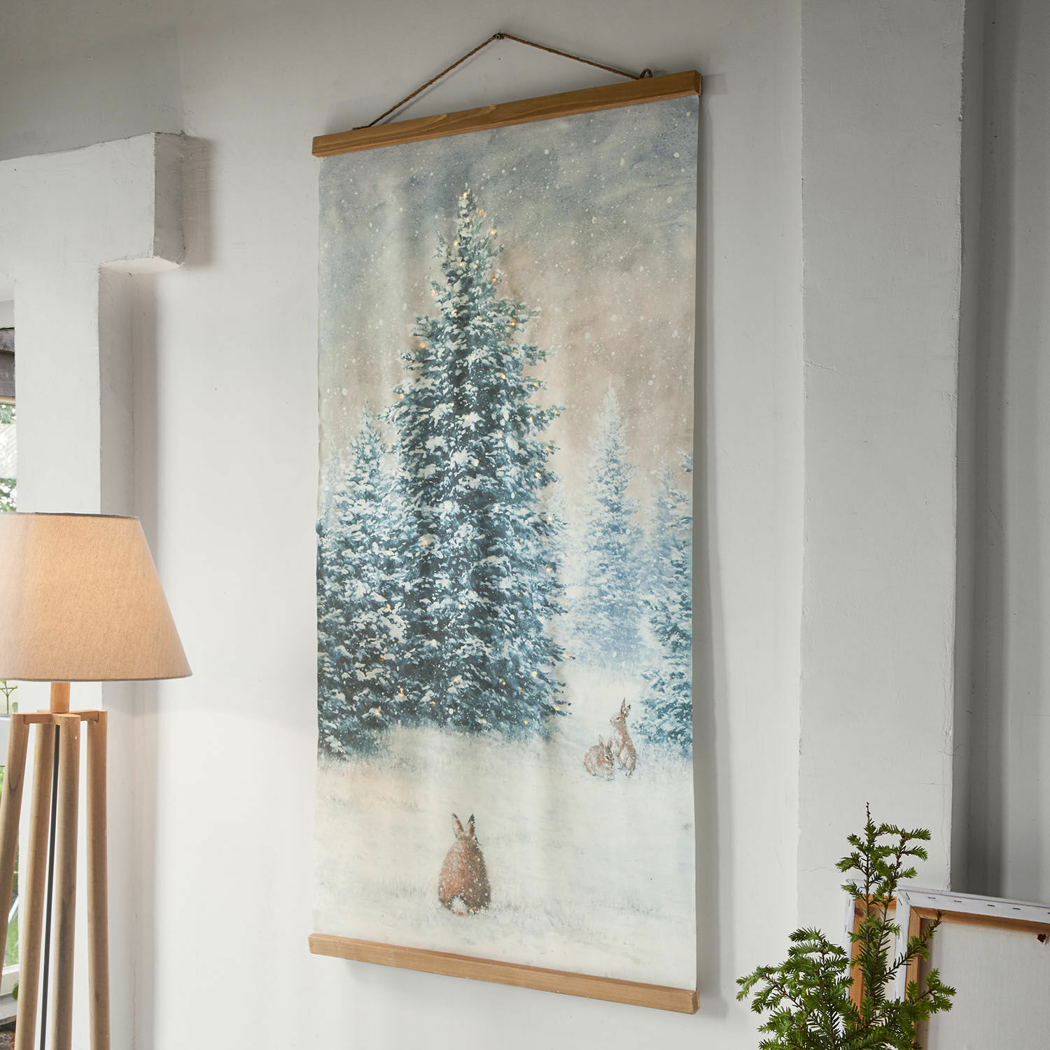 Cuadro LED Orpique Cuadro decorativo en lienzo con motivo invernal de árboles nevados y conejos en colores naturales
