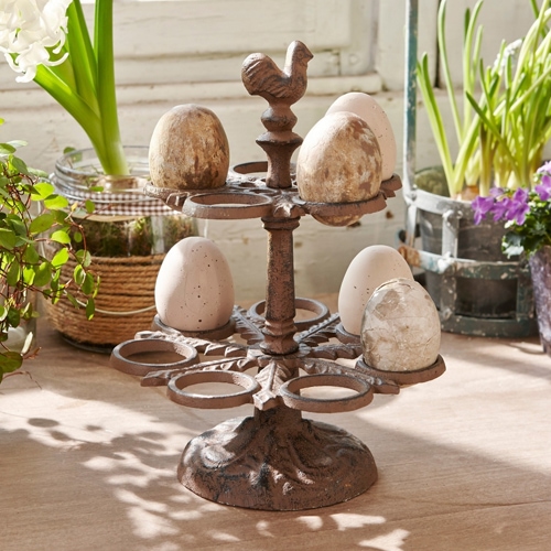 Soporte metálico para huevos con gallo decorativo, color marrón rústico, decoración de mesa de Pascua