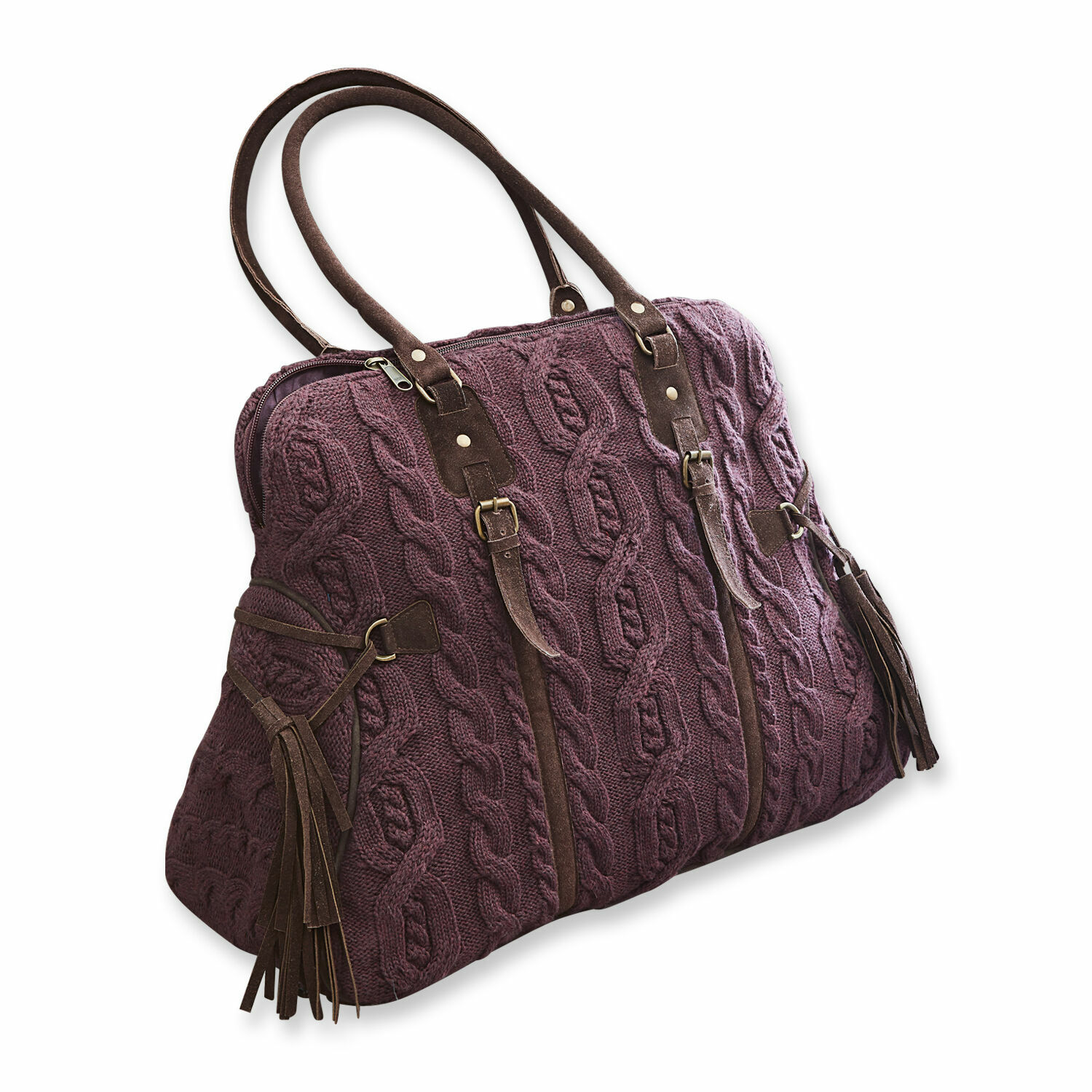 Bolso Donna burdeos de punto con asas de cuero marrón y flecos, accesorio de moda