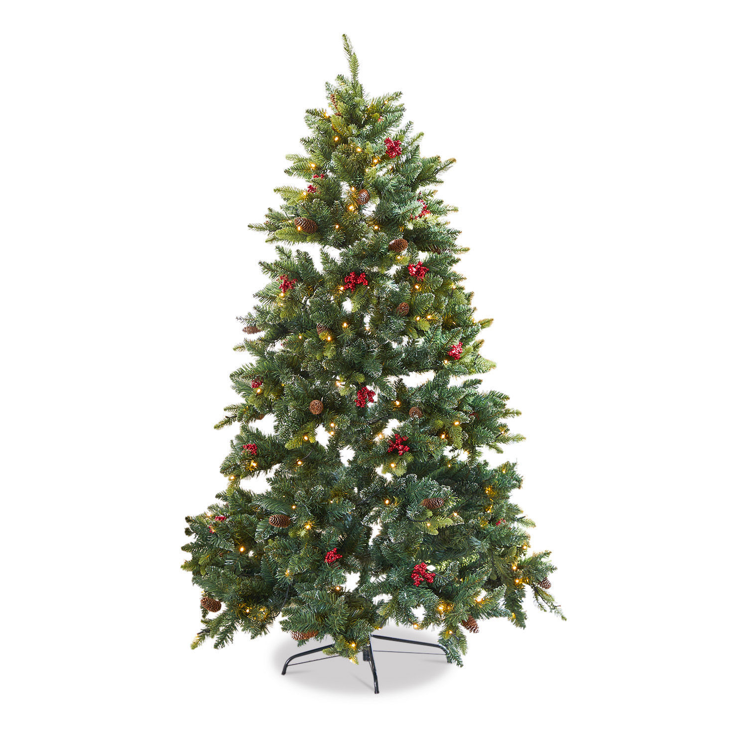 Árbol de Navidad Bindley Árbol de Navidad artificial con agujas verdes, bayas rojas, piñas y luces LED cálidas para decoración festiva