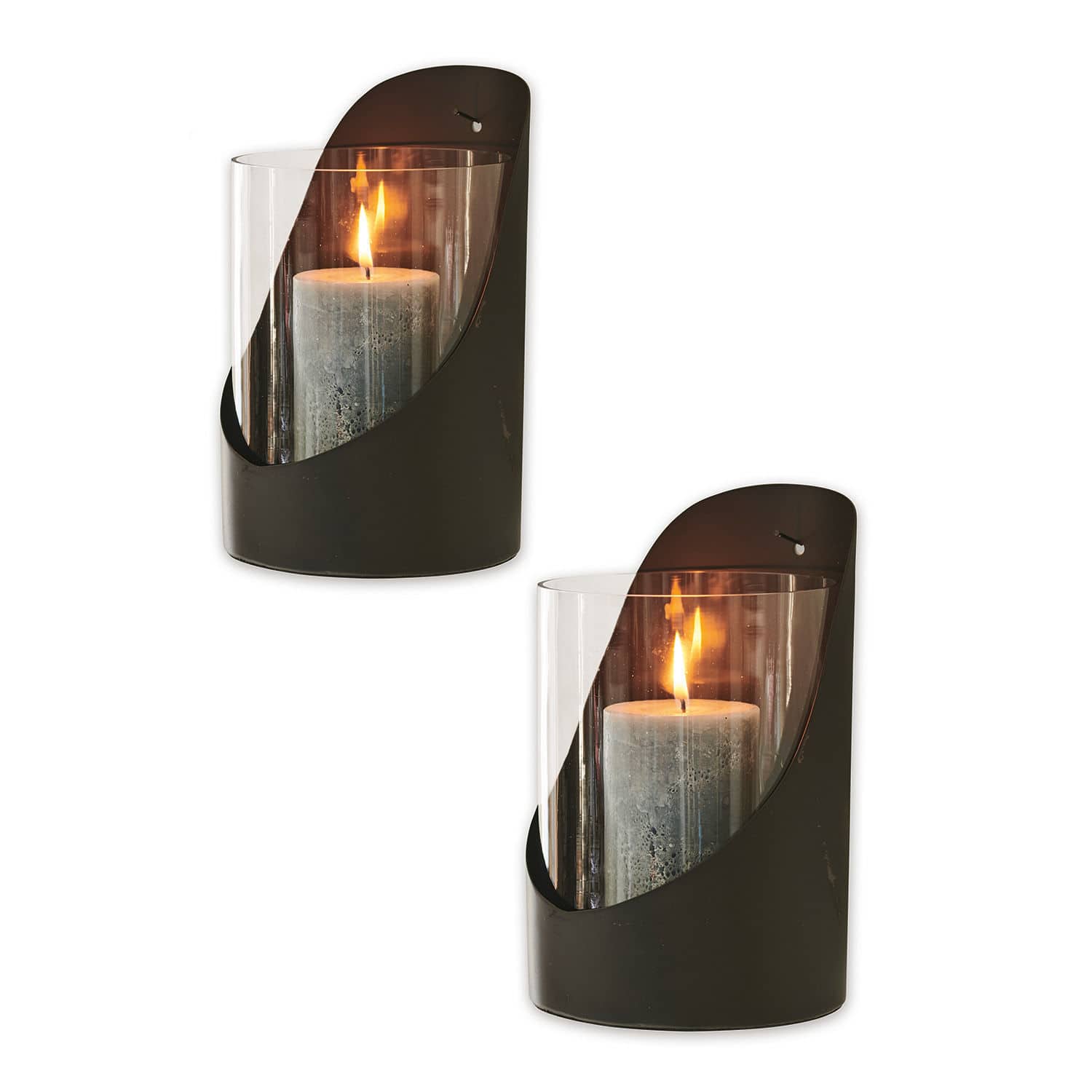 Set de 2 farolillos Paillon Conjunto de dos apliques de pared de metal negro con vidrio transparente y vela gris