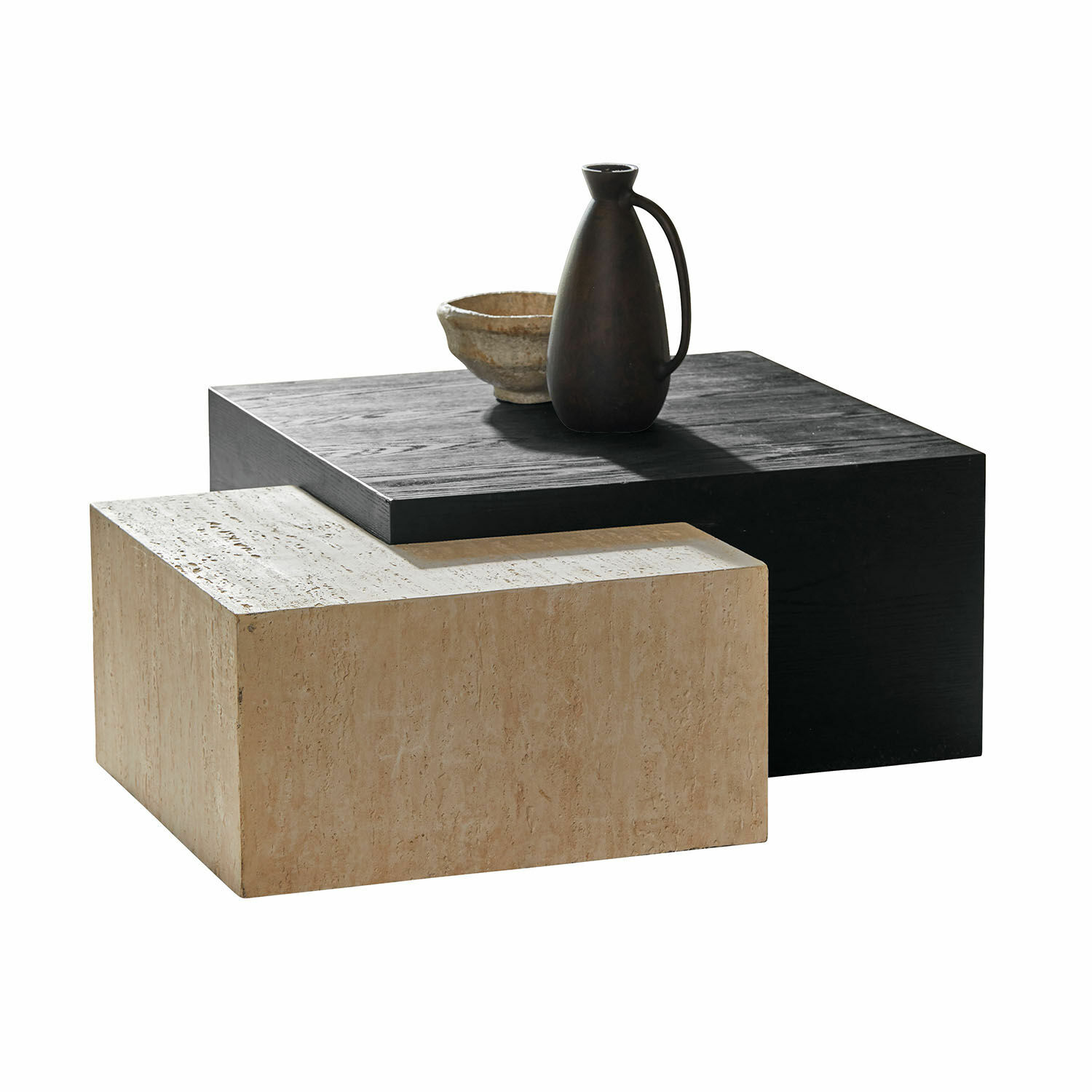 Mesas de centro modernas de madera negra y piedra beige para sala de estar