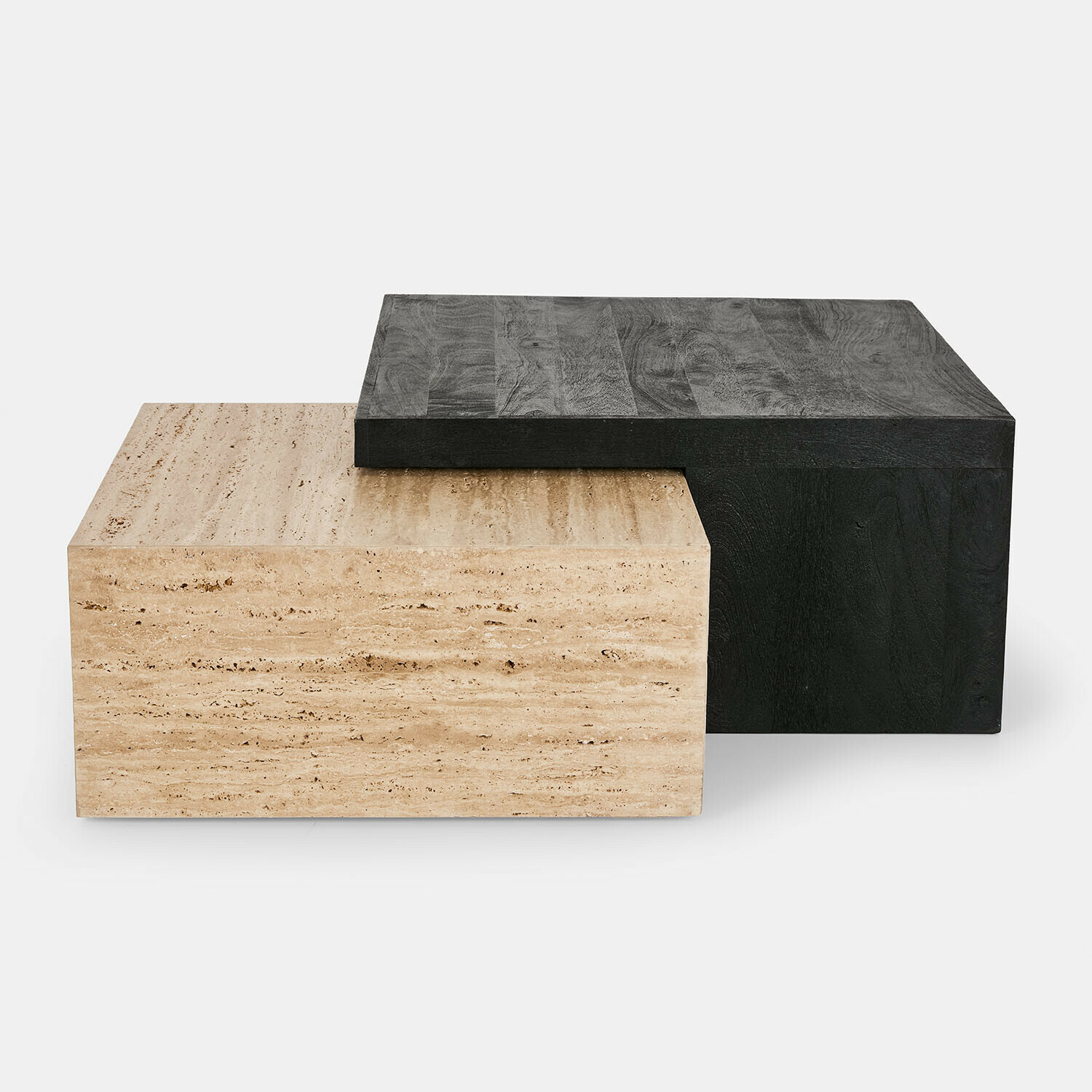Mesa de centro Caleneuve Mesas de centro modernas de travertino claro y madera negra con jarra y cuenco de cerámica