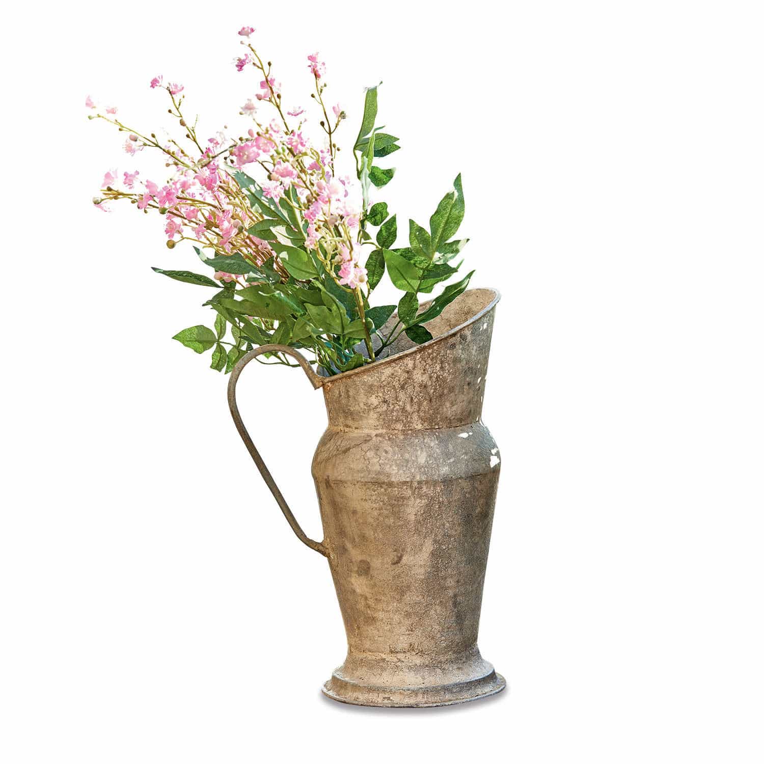 Jarra Asante Jarra metálica vintage con hojas verdes y flores rosas para decoración interior