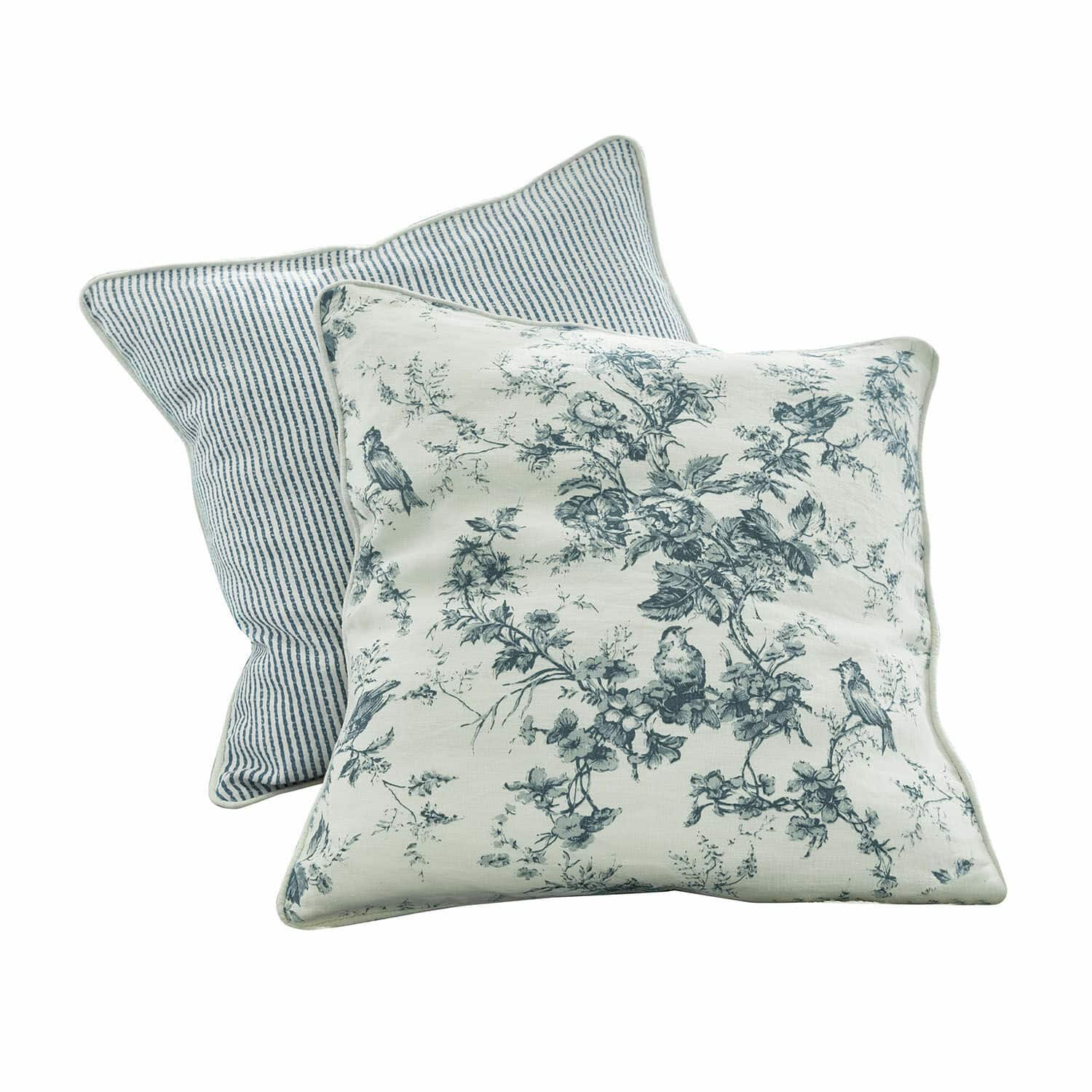 Set de 2 cojines Emilie Conjunto de dos cojines decorativos de algodón con diseños azules de pájaros y rayas