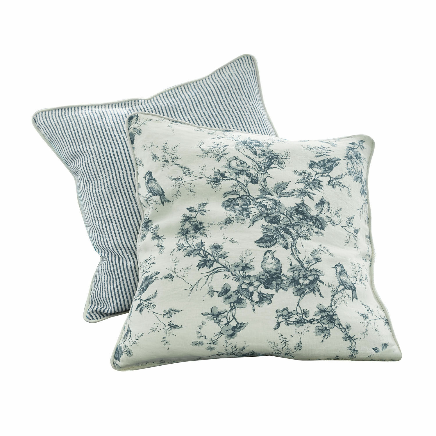 Set de 2 cojines Emilie Conjunto de dos cojines decorativos de algodón con diseños azules de pájaros y rayas