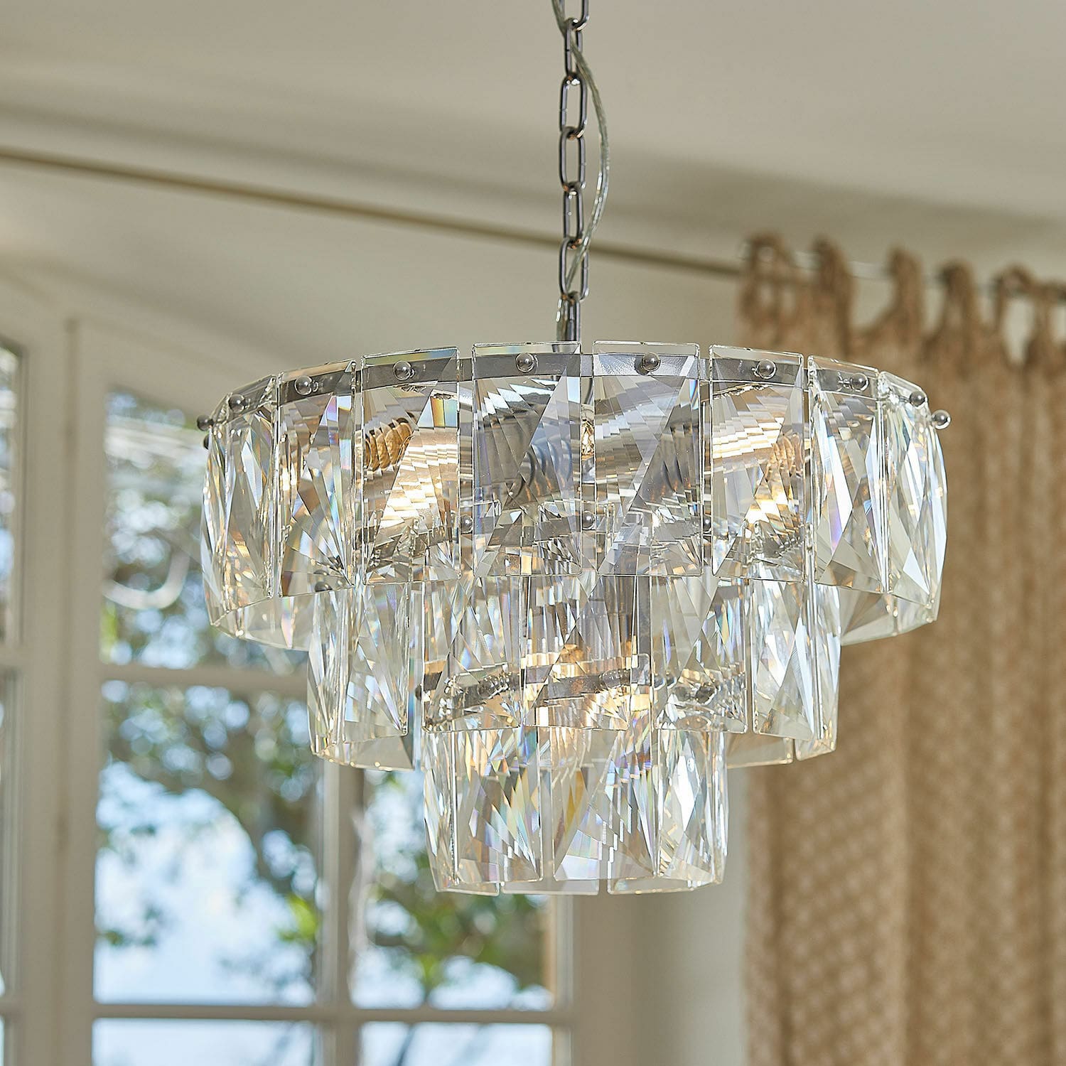 Lámpara de araña Crystalford Lámpara colgante de vidrio transparente con paneles de cristal, iluminación moderna para salón