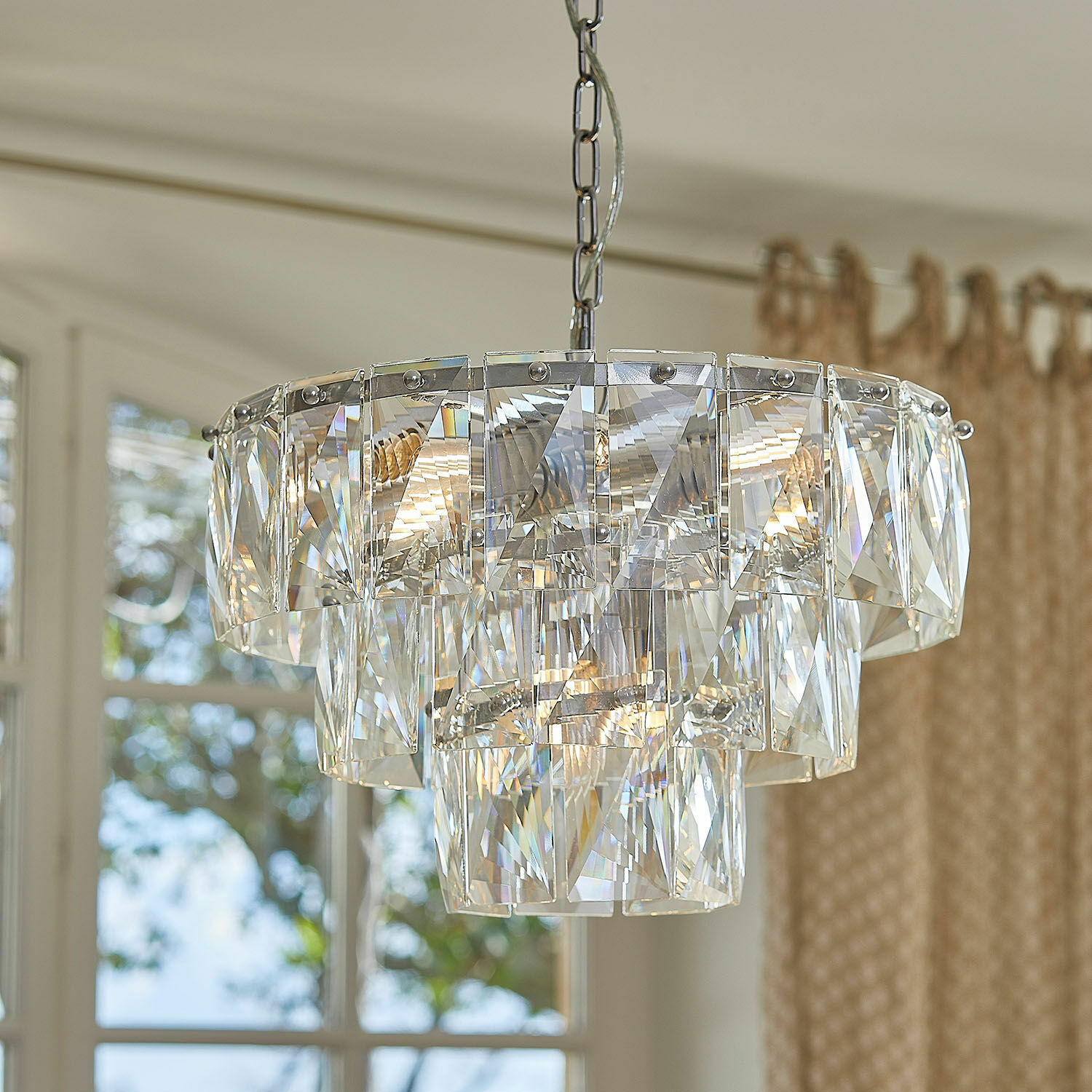 Lámpara de araña Crystalford Lámpara colgante de vidrio transparente con paneles de cristal, iluminación moderna para salón