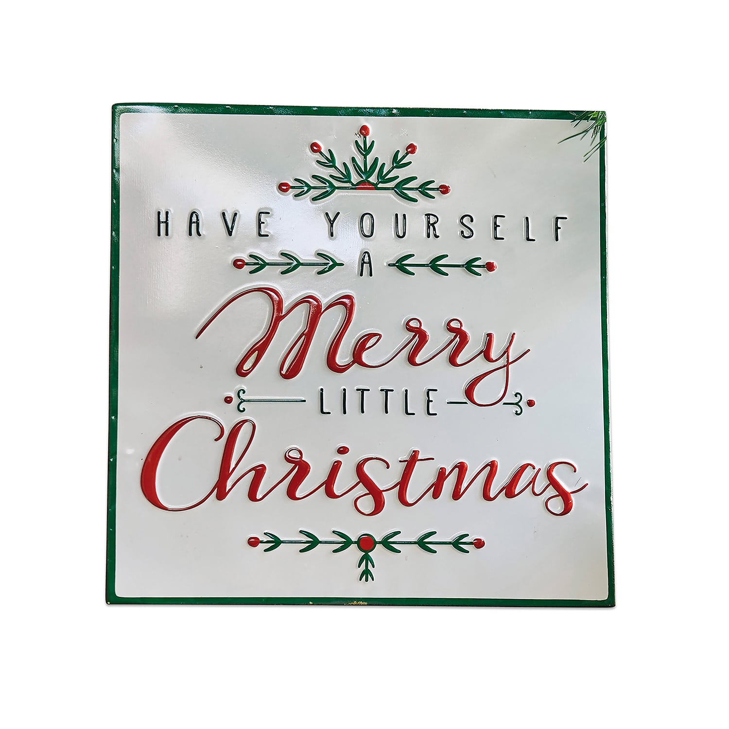 Decoración metálica blanca con texto Merry Christmas en rojo y verde para Navidad