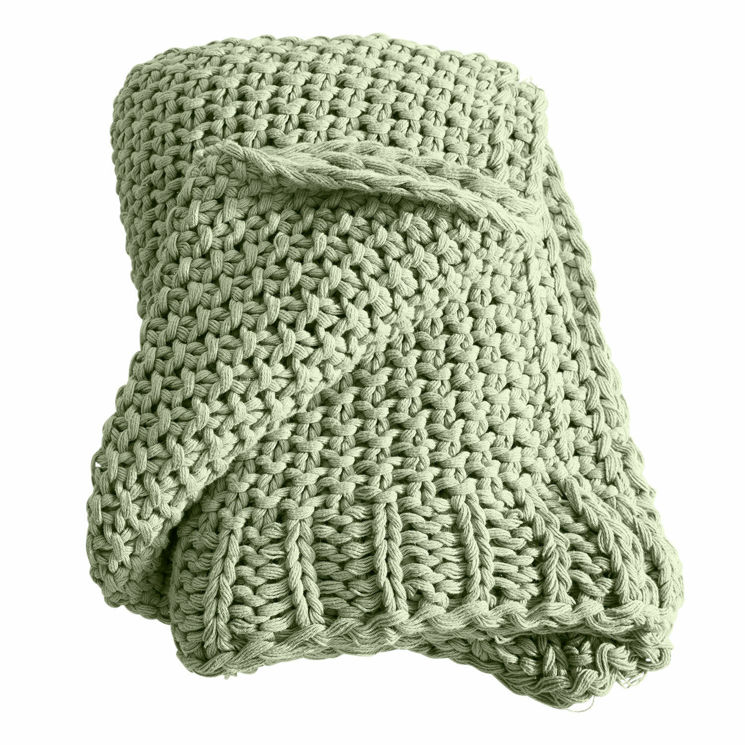 Manta Plixoren verde claro de punto grueso, suave y cálida para decoración y confort.