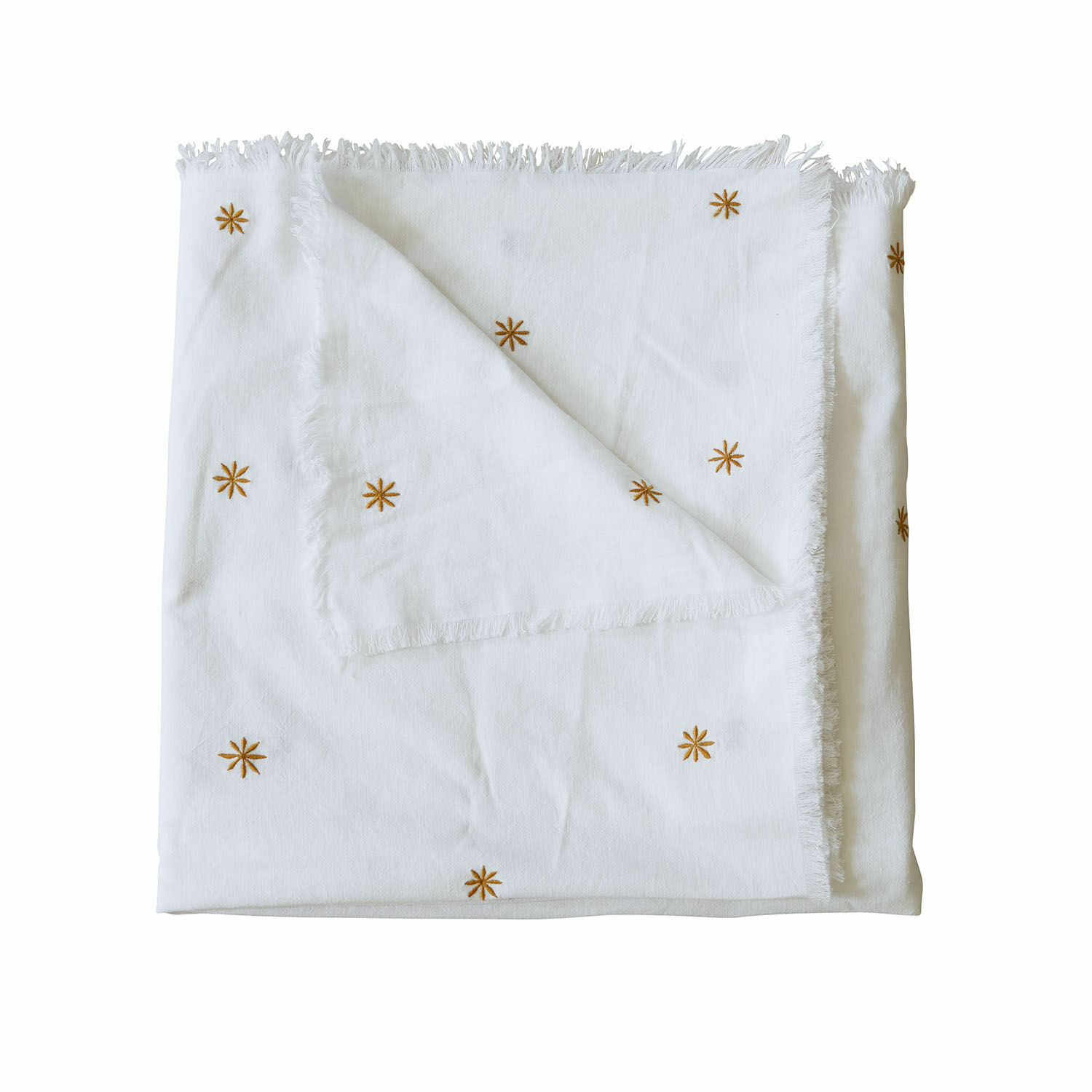 Mantel Fjalara Manta blanca de algodón con flecos y estrellas bordadas doradas, textil suave y decorativo