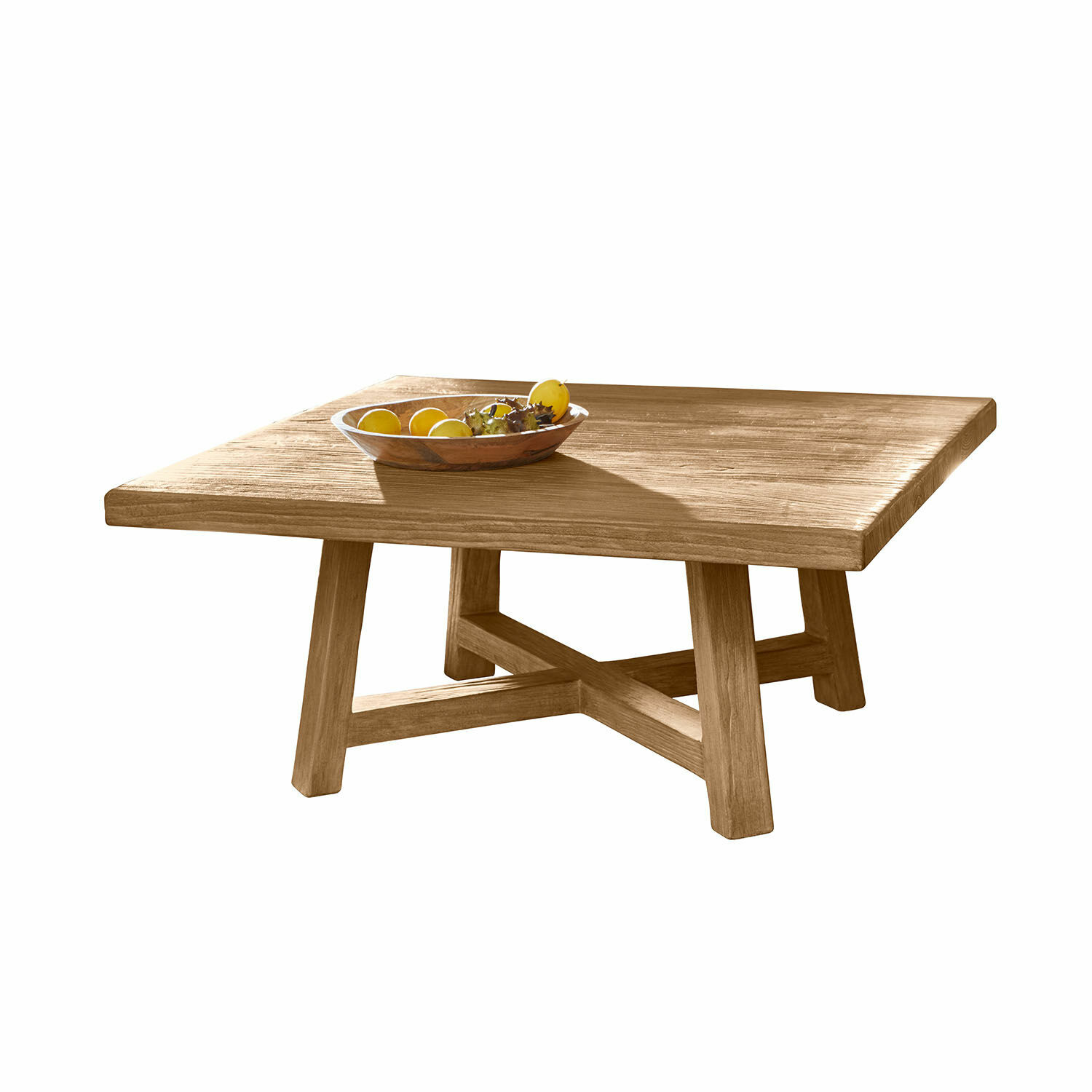 Mesa de centro cuadrada de madera natural con cuenco decorativo de frutas encima