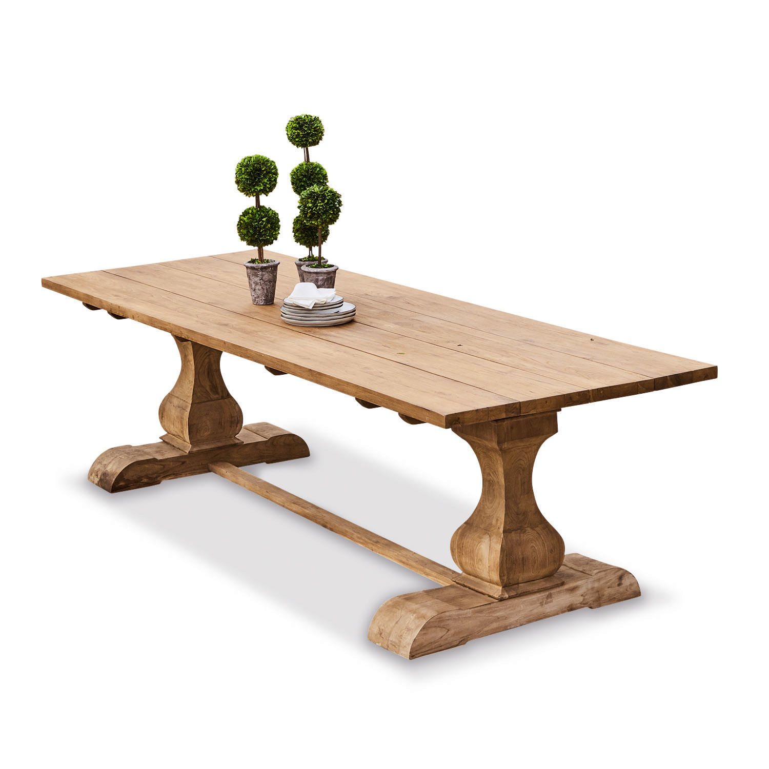 Mesa Devonshire Mesa grande de madera natural con plantas decorativas sobre la superficie, muebles de comedor