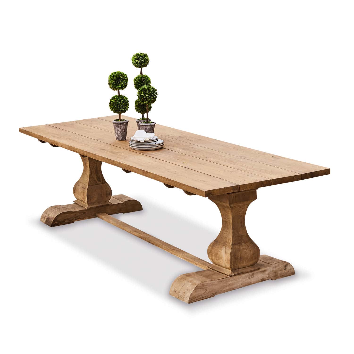 Mesa Devonshire Mesa grande de madera natural con plantas decorativas sobre la superficie, muebles de comedor