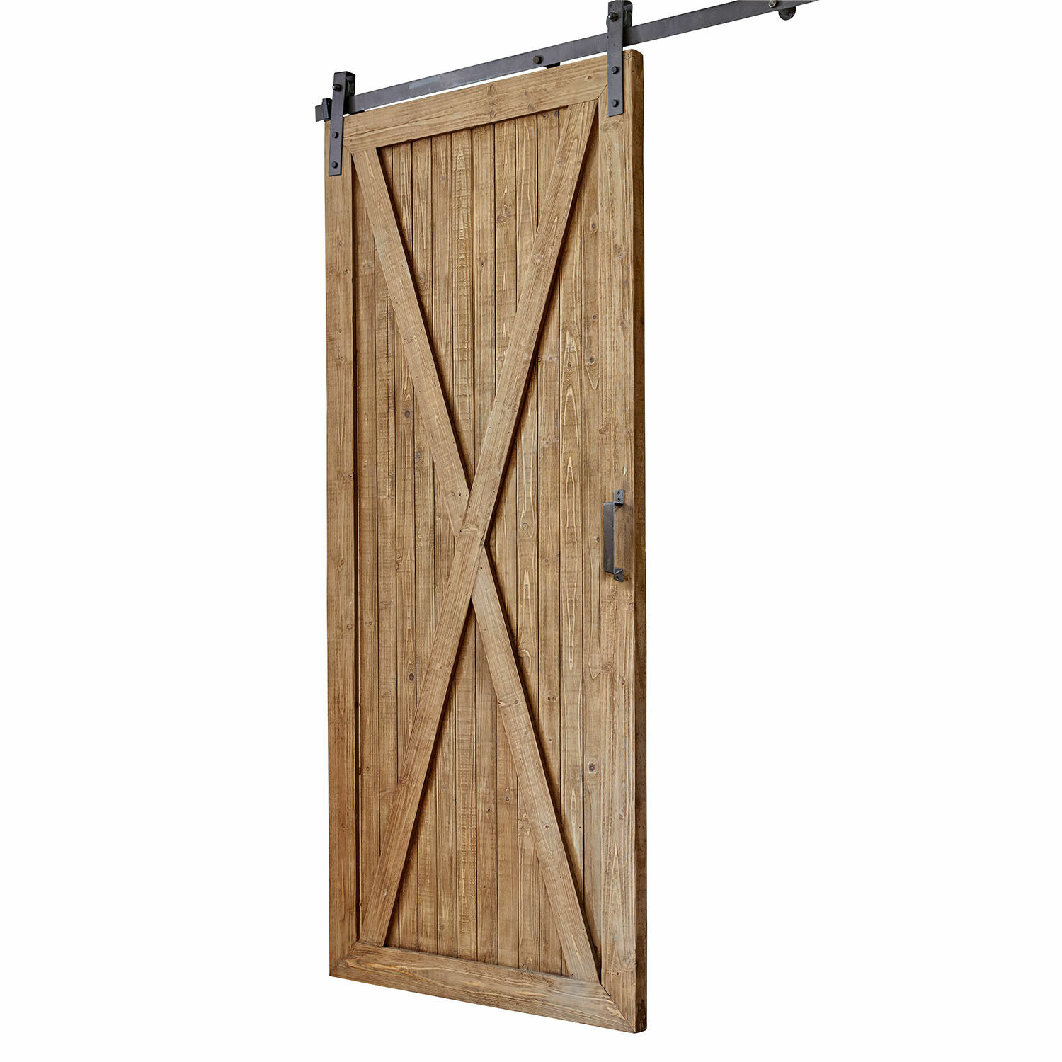 Puerta corredera Conca Puerta corredera de madera natural con asa metálica y sistema de riel negro para decoración rústica