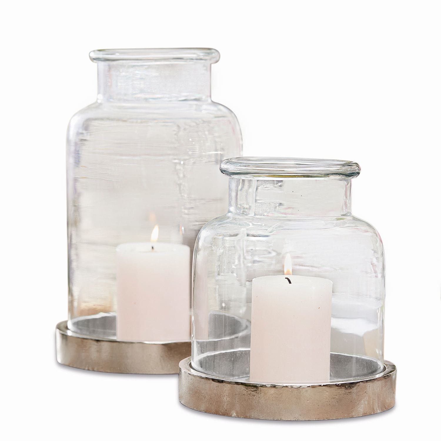 Set de 2 farolillos Emphoria Faroles de vidrio con base metálica plateada y velas blancas para decoración de interiores