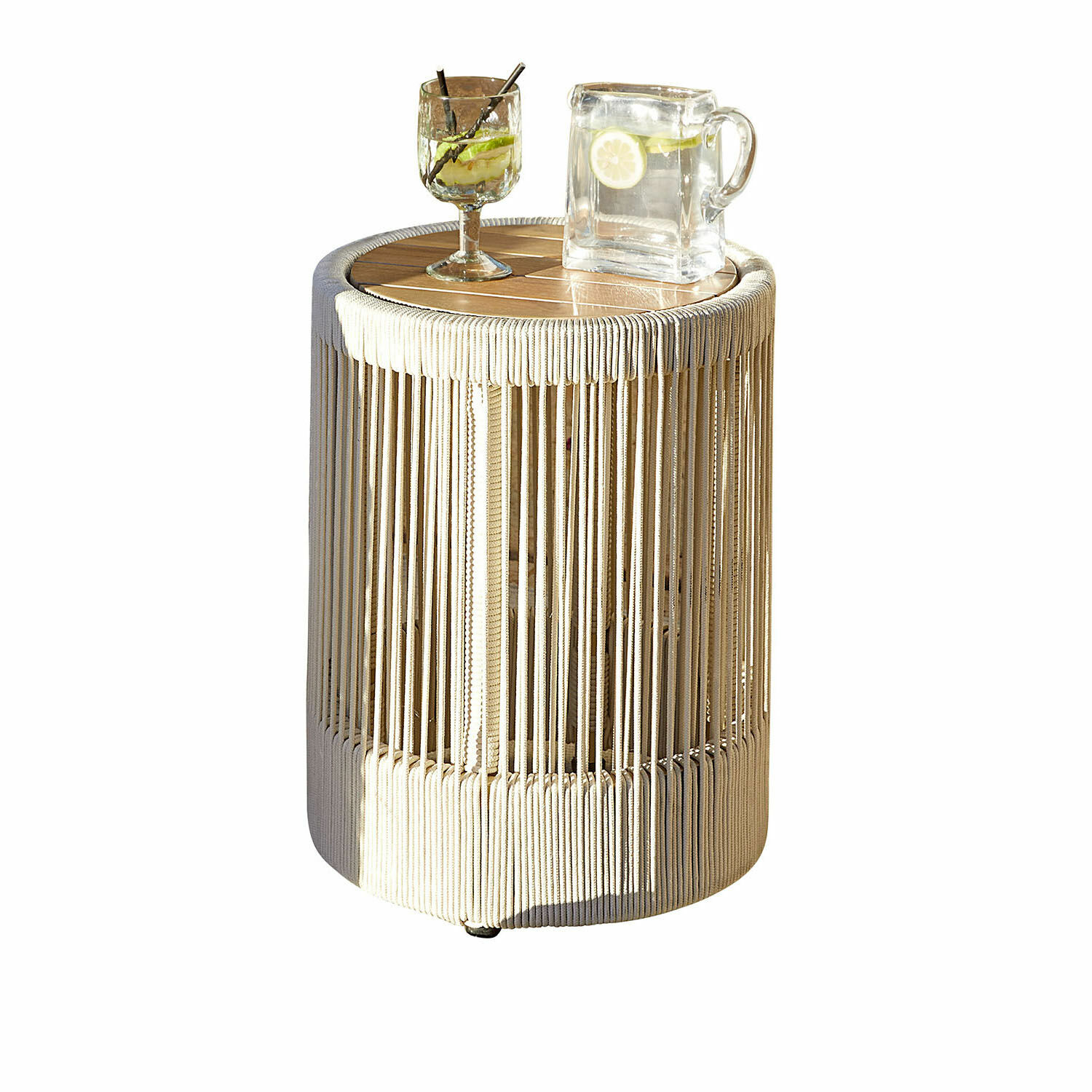 Mesa auxiliar Delor Mesa auxiliar redonda de madera y cuerda beige, ideal para salón y jardín
