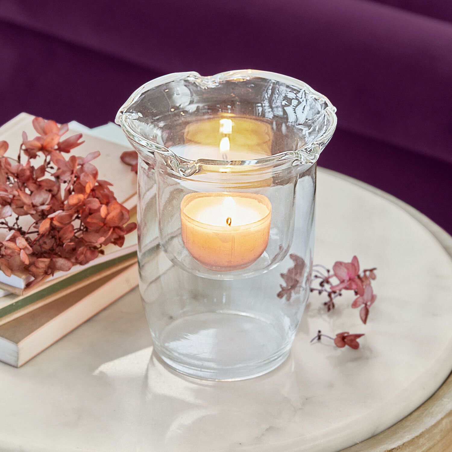 Portavelas de vidrio transparente con doble pared para vela tealight, decoración de mesa