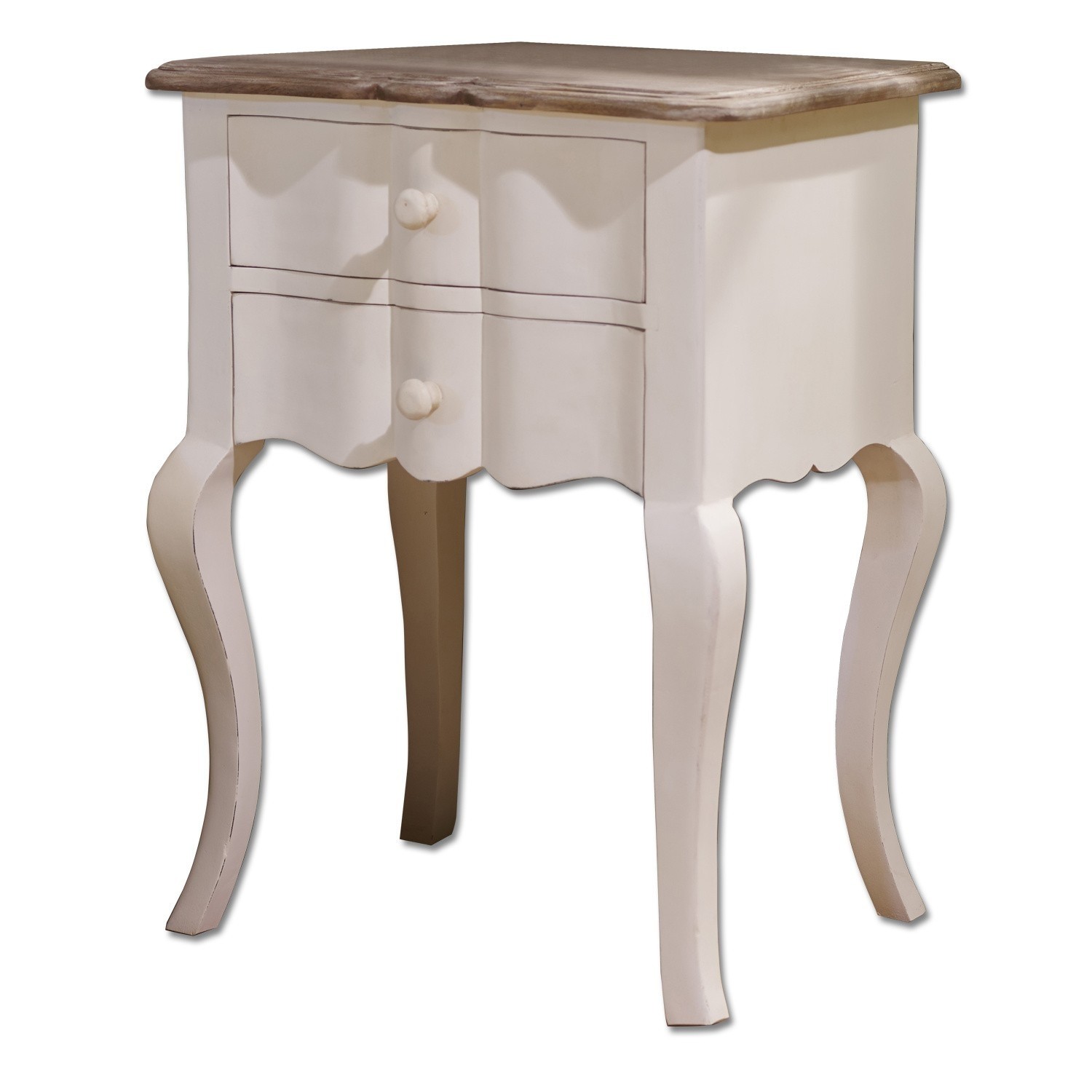 Mesa auxiliar Fairchild Mesita de noche blanca de madera con dos cajones y tapa de madera natural, mueble vintage