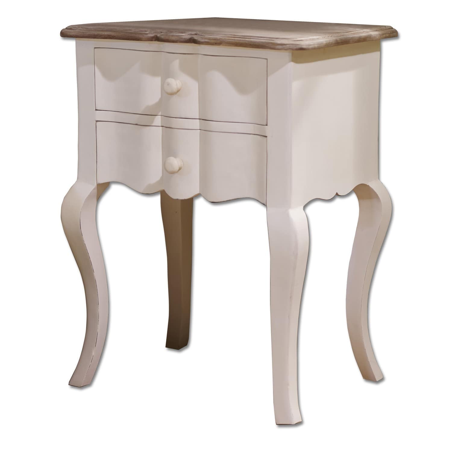 Mesa auxiliar Fairchild Mesita de noche blanca de madera con dos cajones y tapa de madera natural, mueble vintage