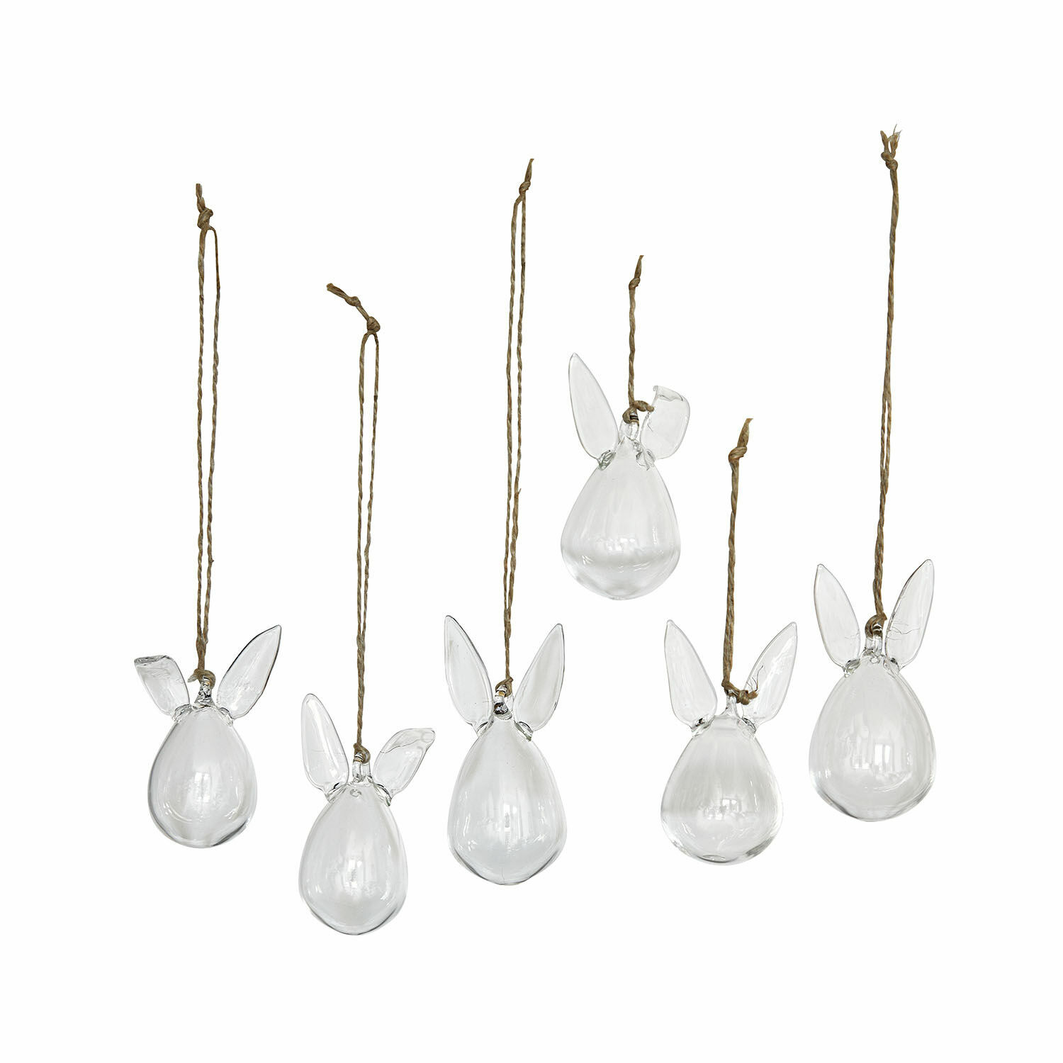 Set de 6 colgantes Suva Conjunto de seis colgantes de vidrio transparente con orejas y cuerda para decoración interior