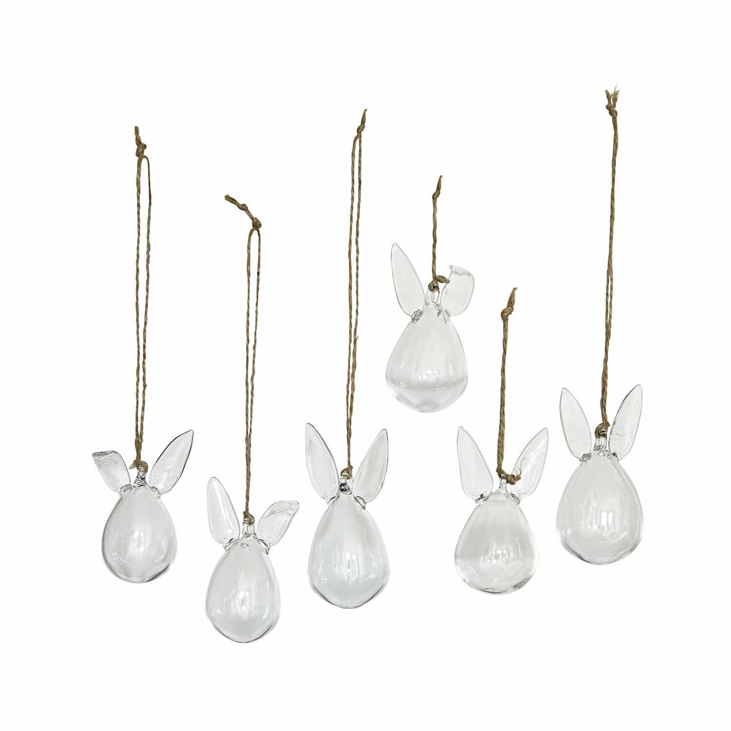 Set de 6 colgantes Suva Conjunto de seis colgantes de vidrio transparente con orejas y cuerda para decoración interior