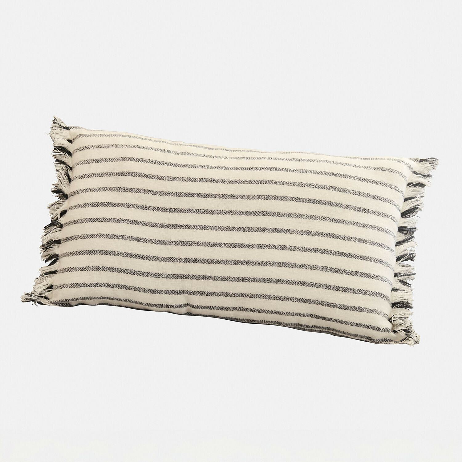Funda de cojín Ulderina Cojín rectangular de algodón beige con rayas negras y flecos, decoración para salón acogedora