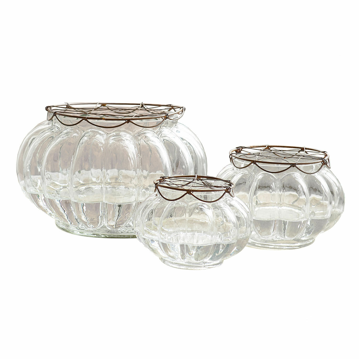 Set de 3 jarrones Xyphine Conjunto de tres jarrones de vidrio transparente con borde metálico decorativo, decoración para interiores