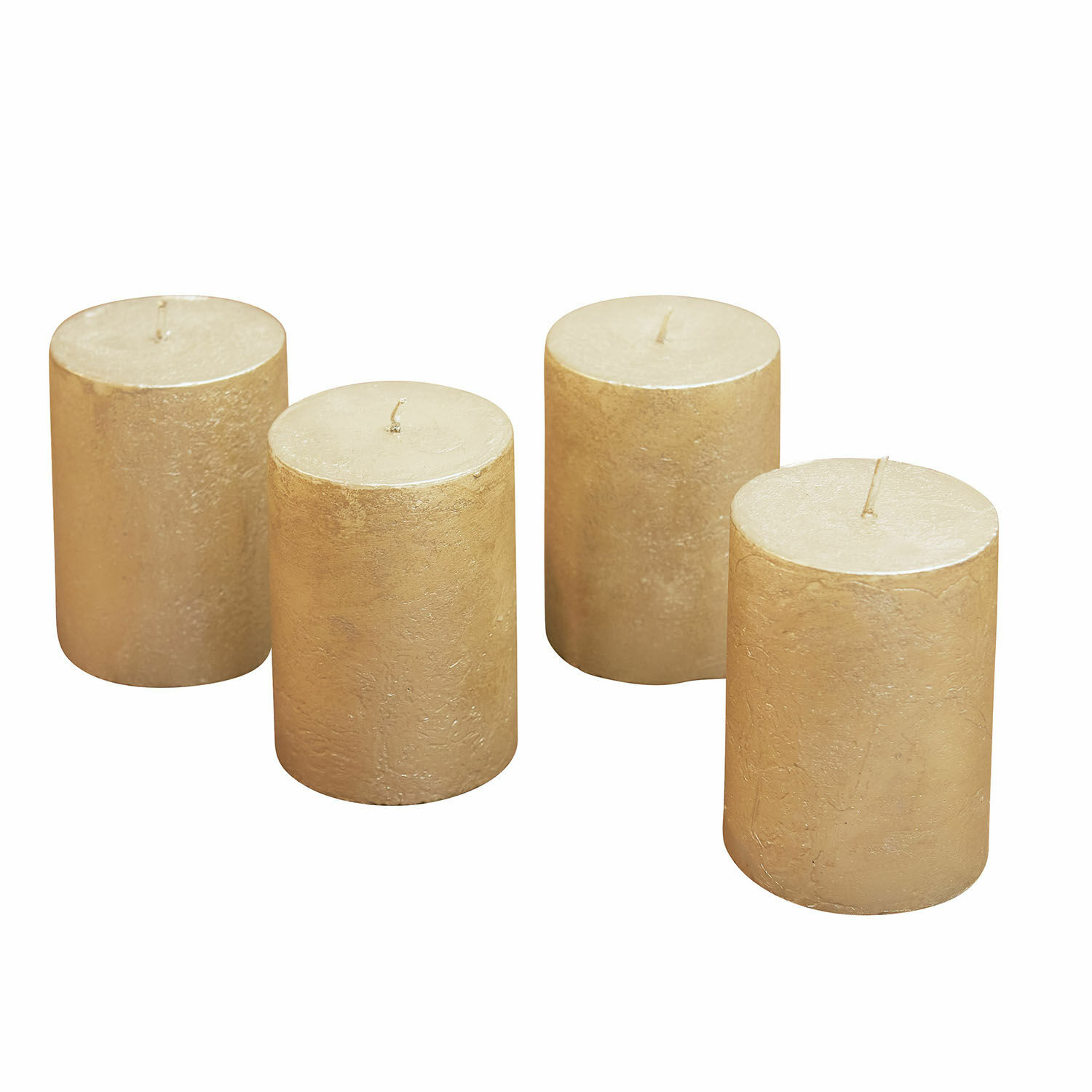 dorado Conjunto de 4 velas cilíndricas doradas con textura, ideales para decoración y ambiente cálido