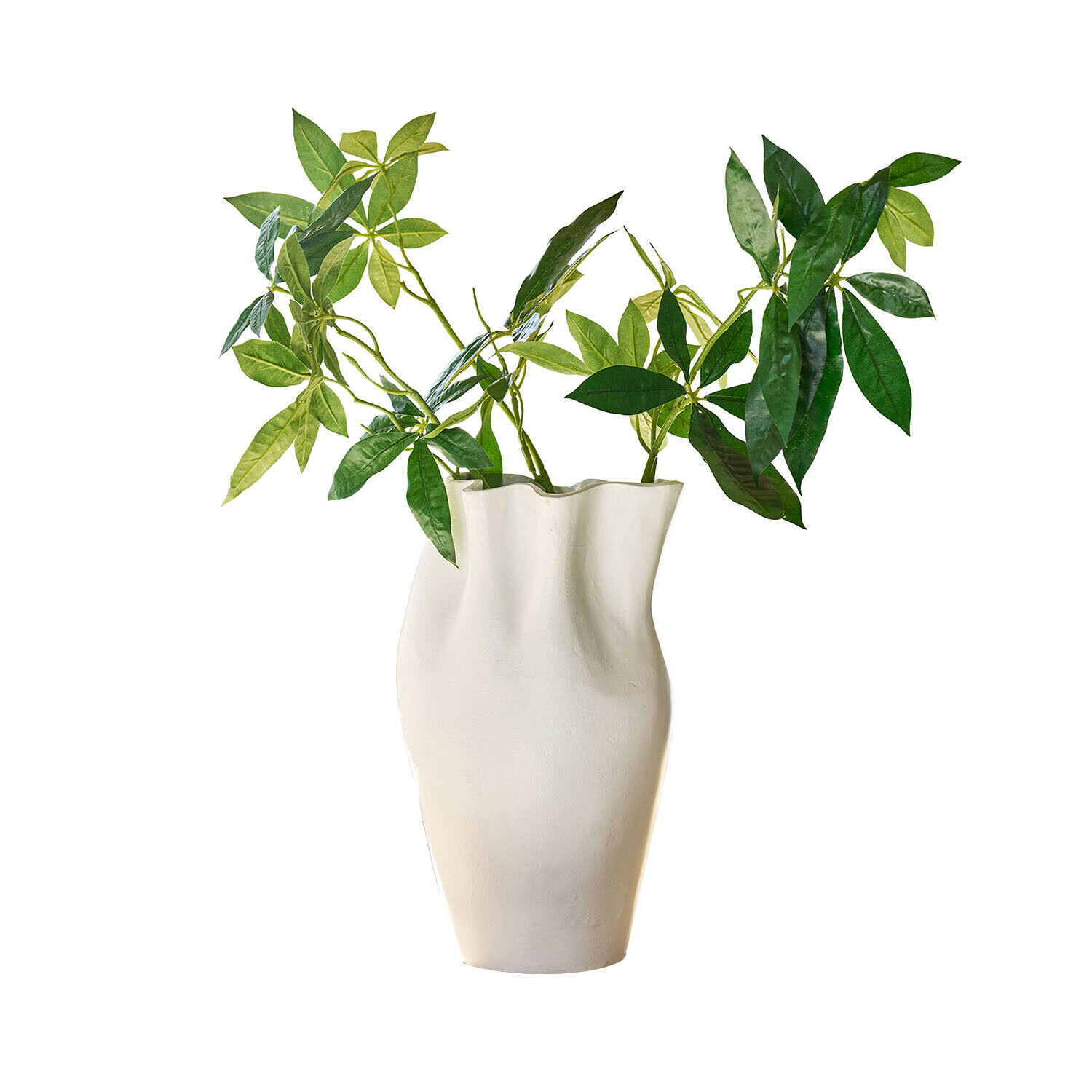 Jarrón Palomira Jarrón de cerámica blanca con forma irregular y hojas verdes decorativas
