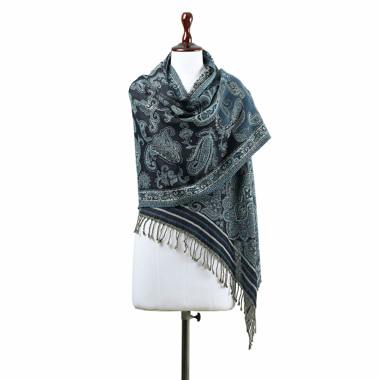 Chal Eloas Chal azul marino con estampado paisley y flecos, tejido suave, accesorio de moda para días frescos