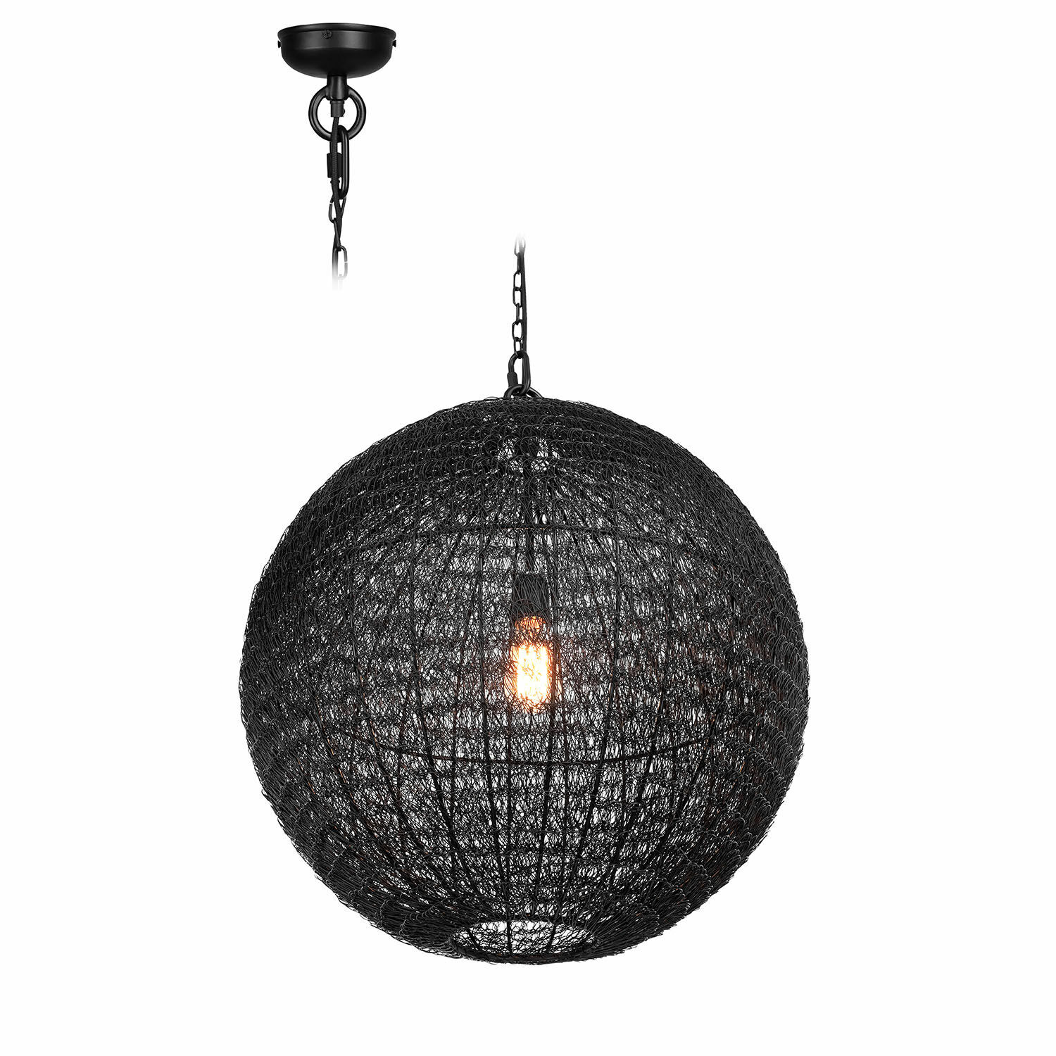 Lámpara colgante negra de metal en forma de esfera con pantalla de malla y bombilla LED visible