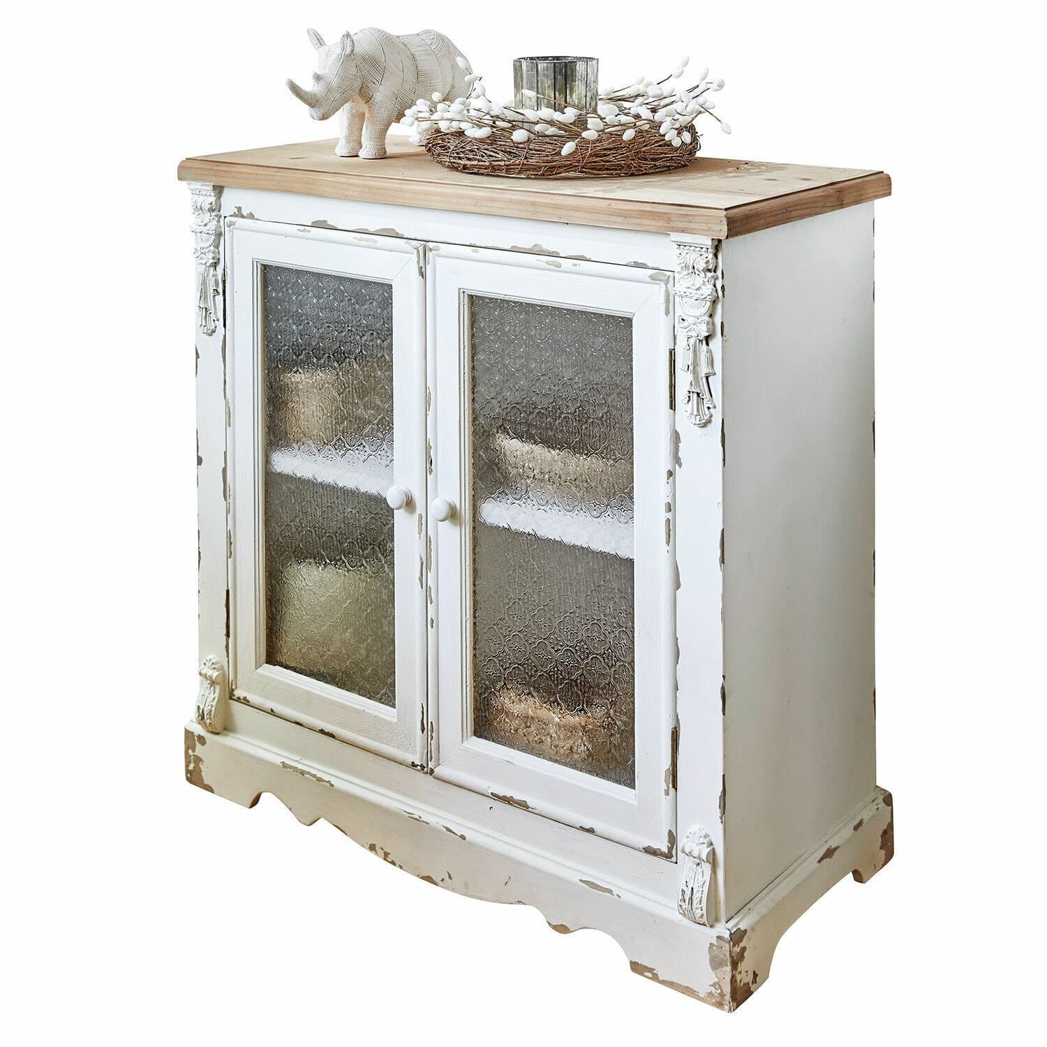 Cómoda South Yarmouth Aparador vintage blanco de madera con puertas de cristal y tapa natural, mueble para salón