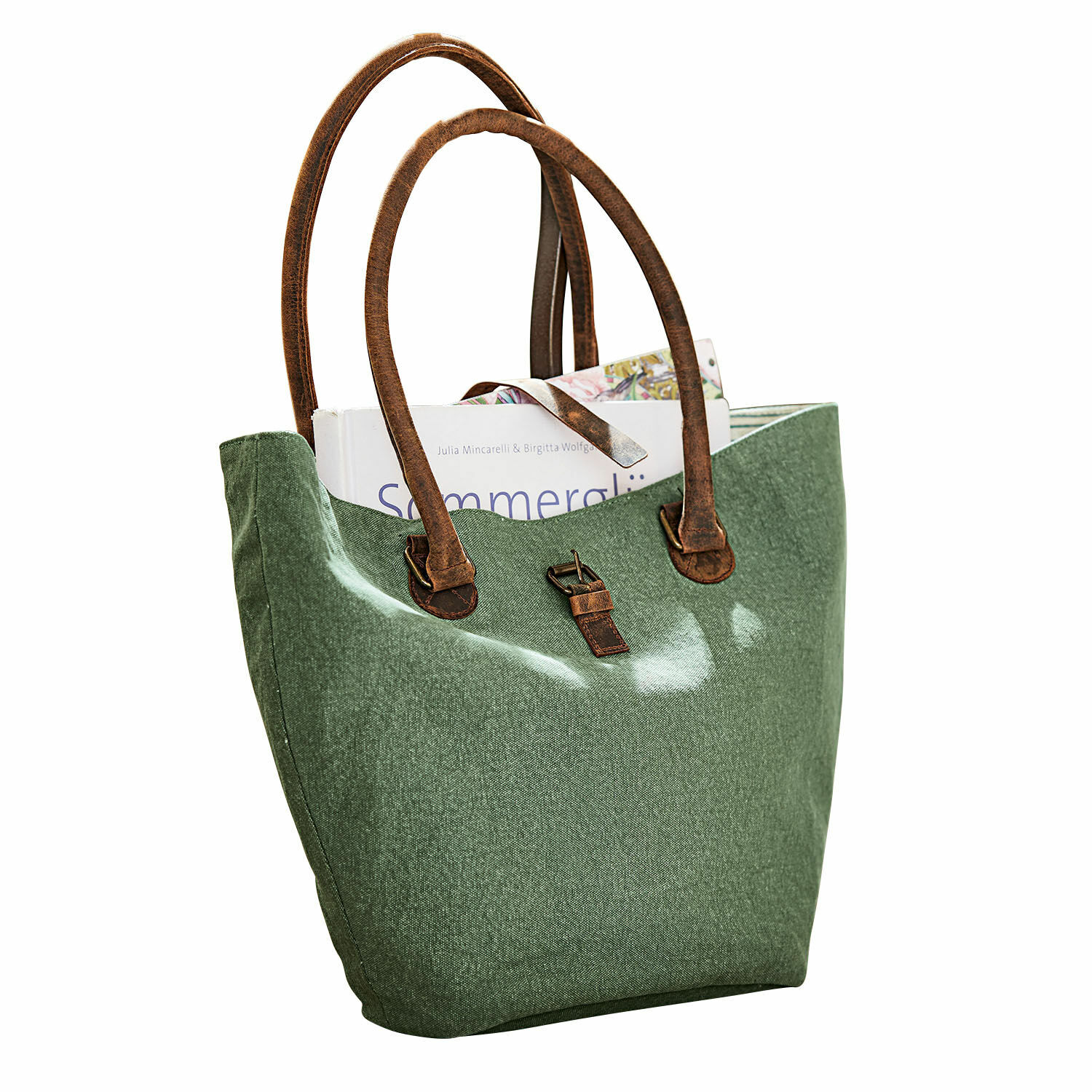 Bolso Ambre Bolsa verde de tela con asas marrones y hebilla, ideal para libros y uso diario