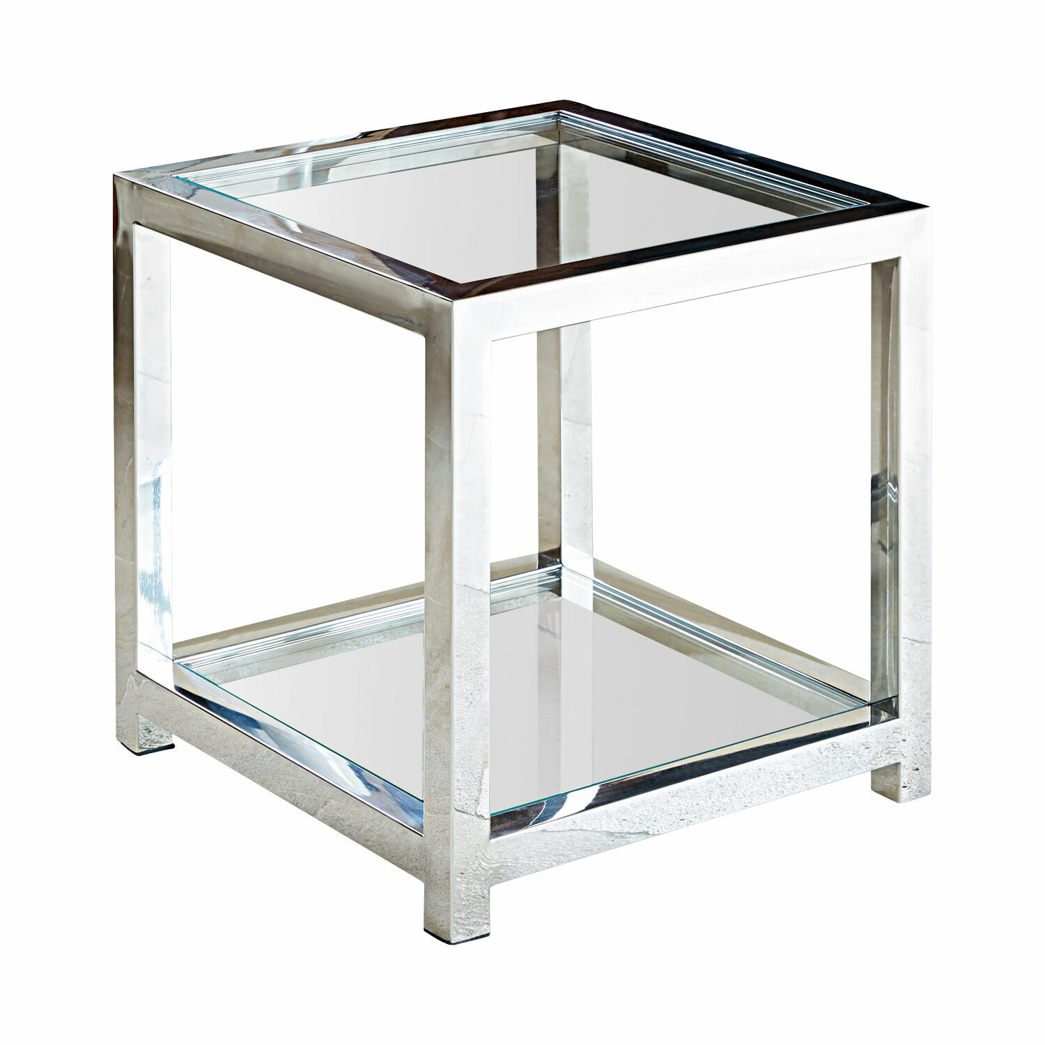 Mesa de centro cuadrada Clayton con estructura metálica plateada y superficie de vidrio, diseño moderno