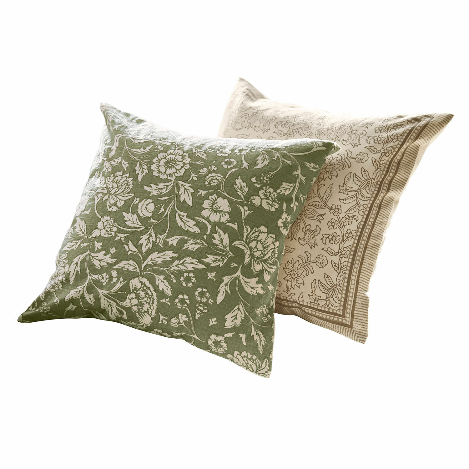 Set de 2 fundas de cojín Ovixal Conjunto de dos cojines decorativos de algodón con motivos florales verdes y beige para sala