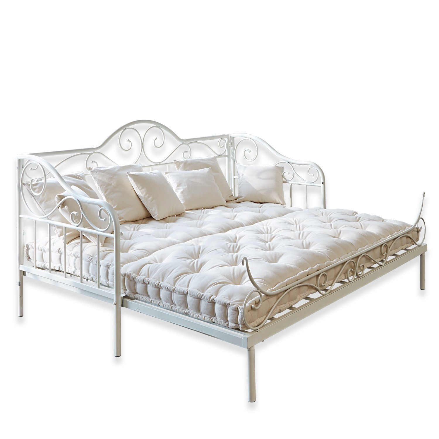 Sofá cama Maditha Cama de metal blanca con adornos decorativos y colchón claro, cómoda para sala de estar
