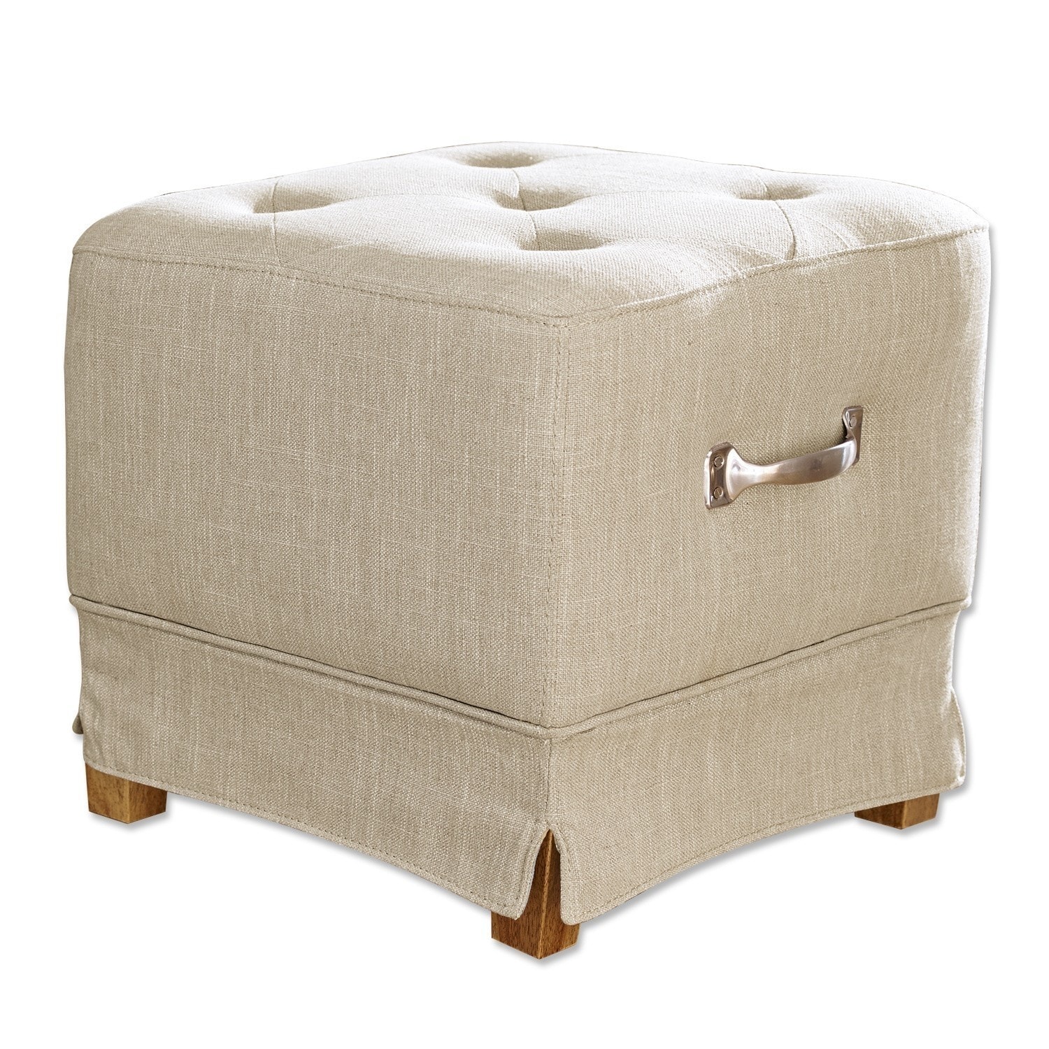 Puf Burke beige de lino con patas de madera y asa metálica, asiento cómodo para salón