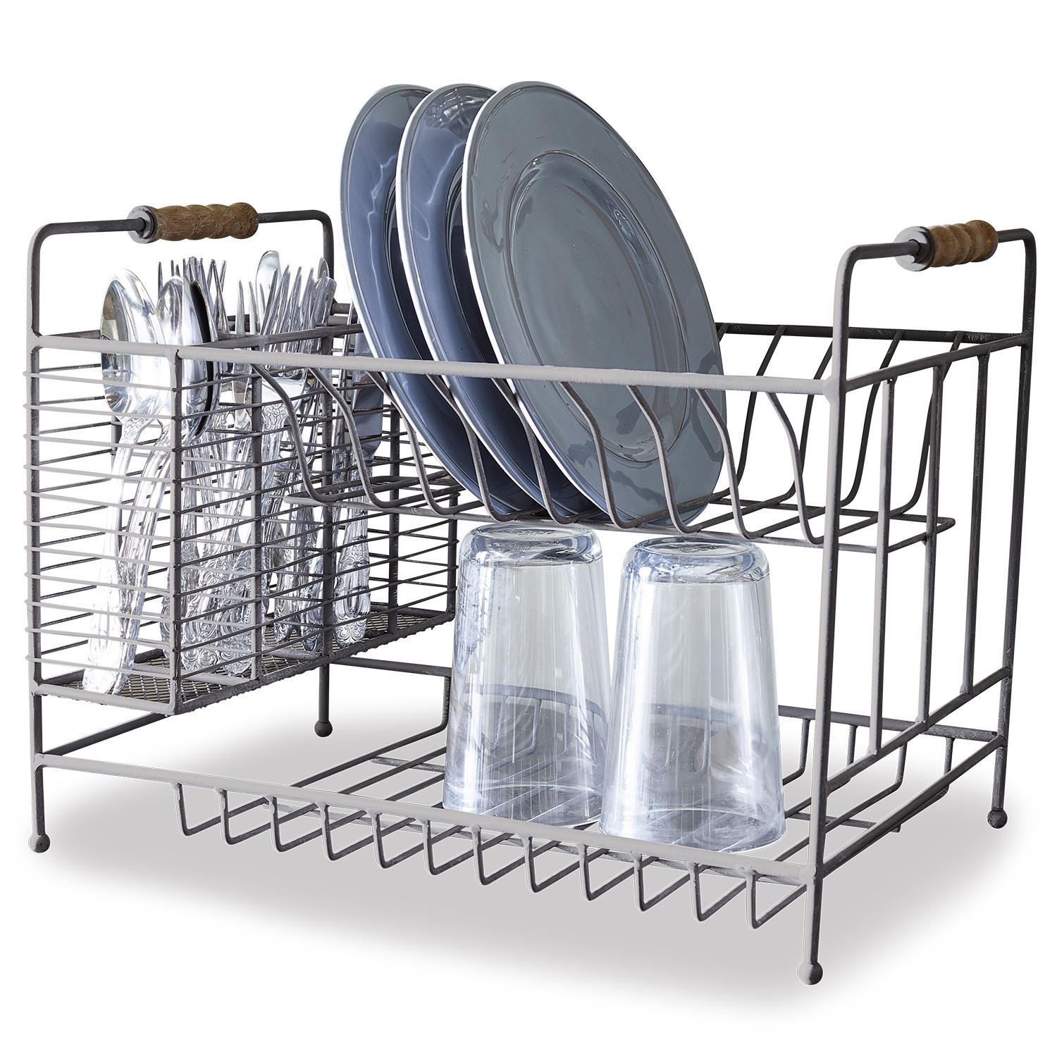 Soporte para vajilla Aden Escurridor de platos metálico gris con asas de madera y soporte para cubiertos