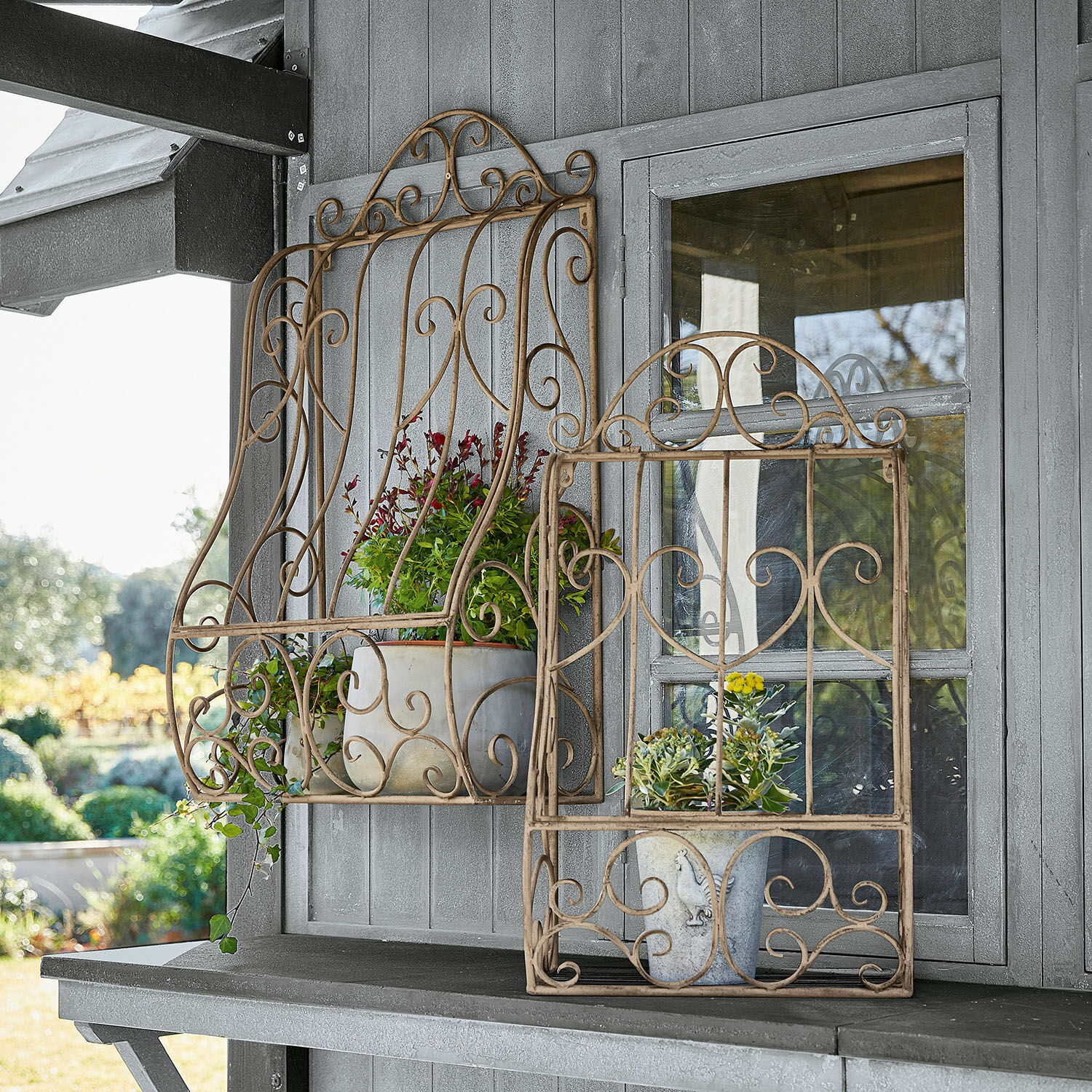 Set de 2 estantes de pared Alvra Marco decorativo de metal beige con plantas sobre fondo de madera gris, adorno de jardín