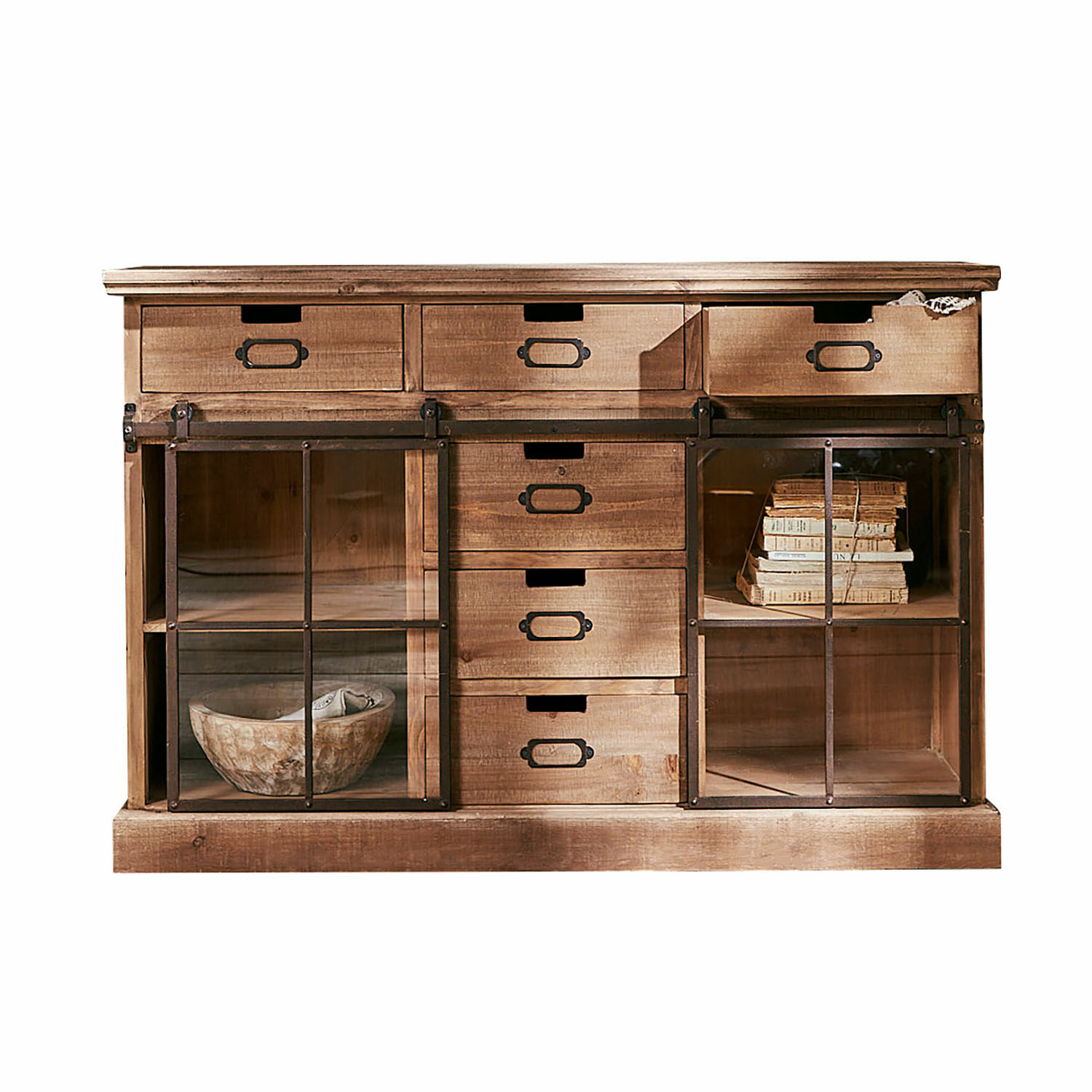 Aparador Finegand Aparador de madera natural con cajones y puertas de cristal, mueble rústico de almacenamiento