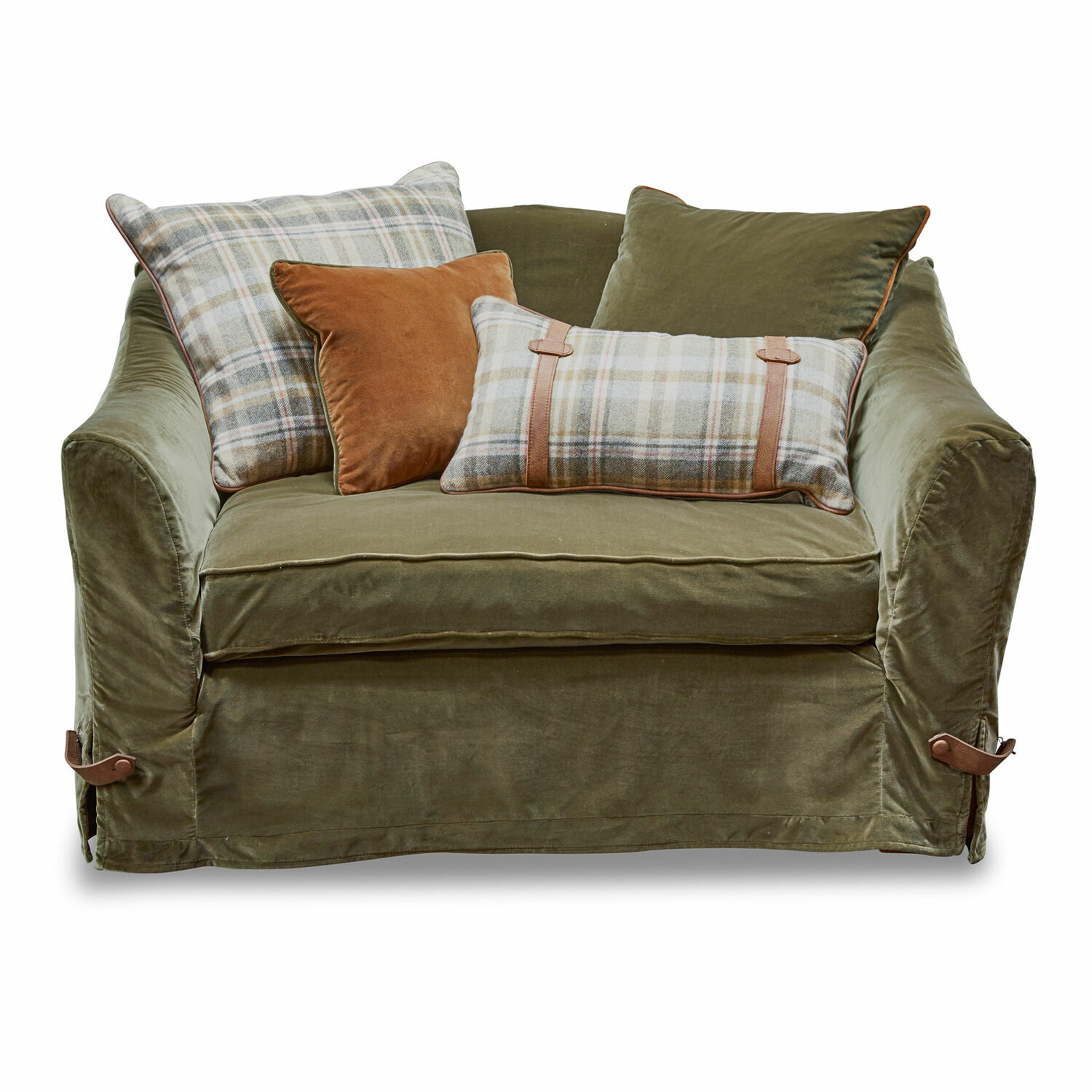 verde Sillón Halton verde de tela suave con cojines a cuadros y terciopelo marrón, mueble cómodo para salón