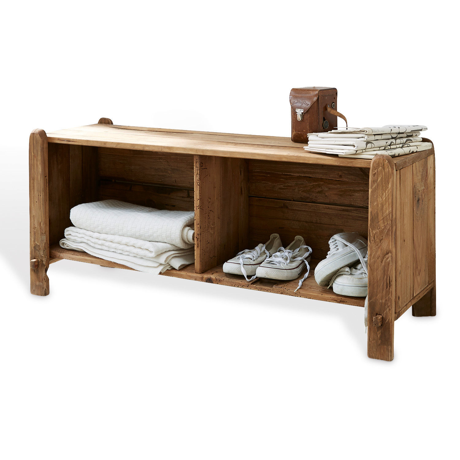Banco Argenteuil Banco de madera natural con estantes para zapatos y textiles, mueble funcional para entrada